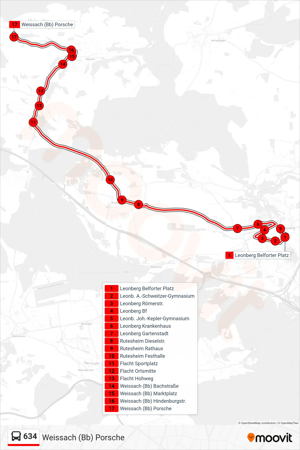 634 bus Line (Weissach (Bb) Porsche) route and stops on a map