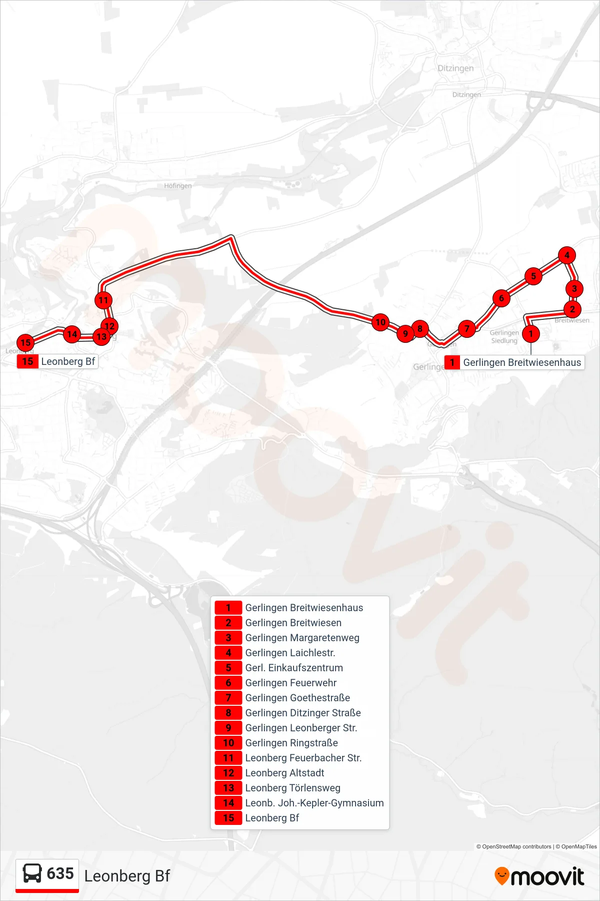 635 bus Line (Leonberg Bf) route and stops on a map