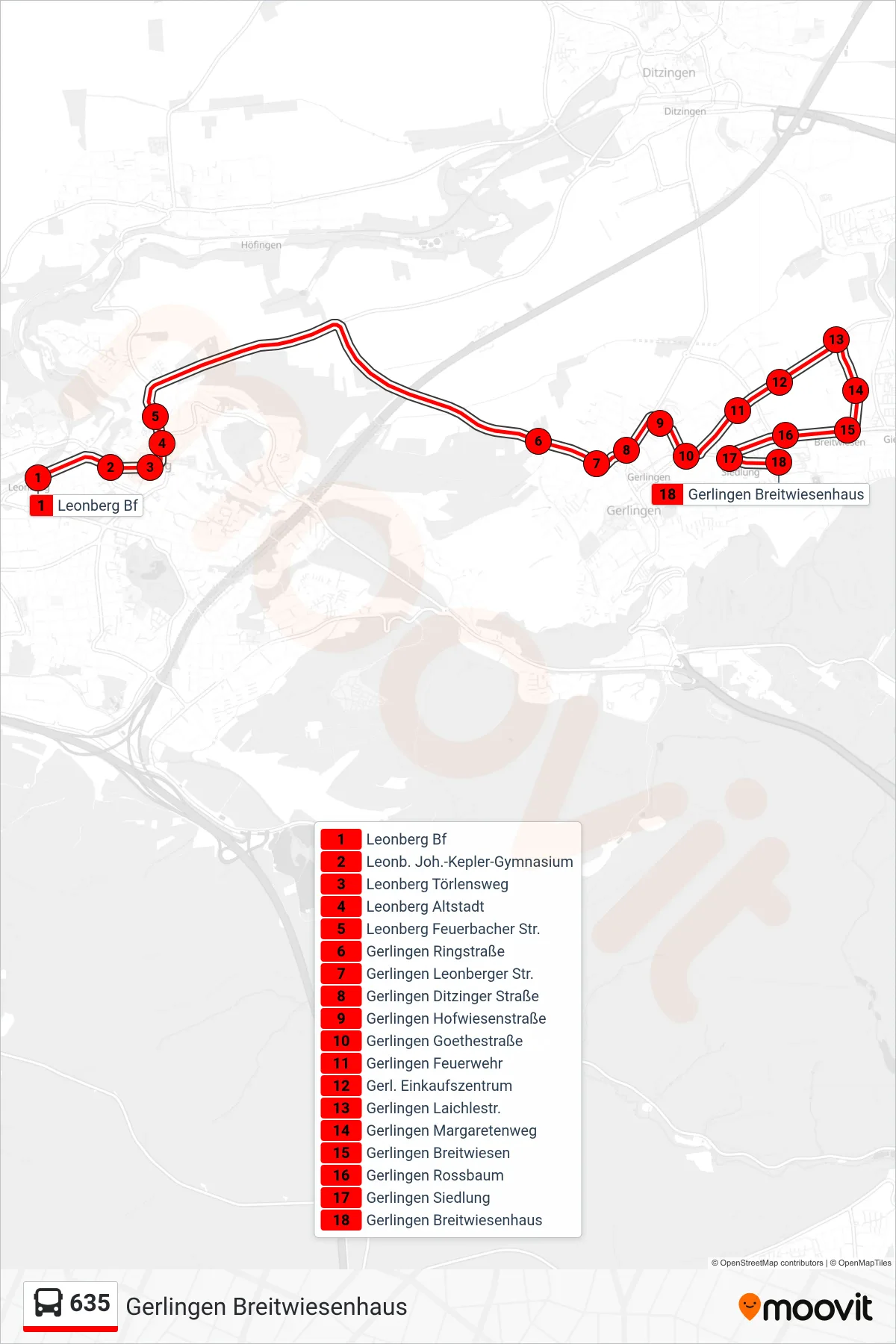 Linie 635 (Bus) Richtung Gerlingen Breitwiesenhaus: Route und Haltestellen auf der Karte