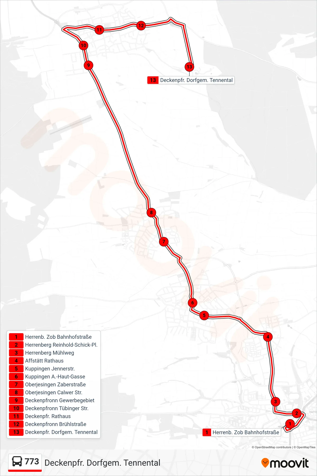 773 bus Line (Deckenpfr. Dorfgem. Tennental) route and stops on a map
