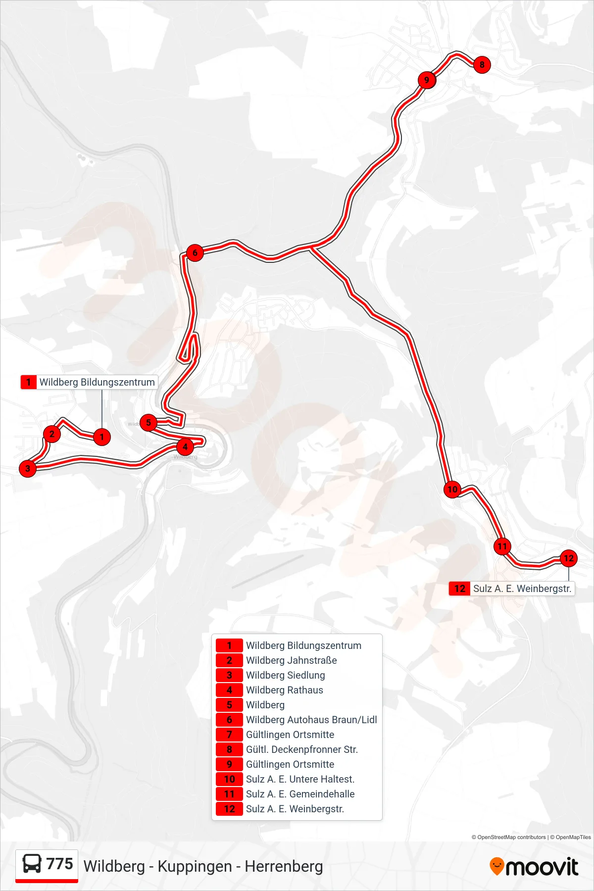 Linie 775 (Bus) Richtung Sulz A. E. Weinbergstr.: Route und Haltestellen auf der Karte
