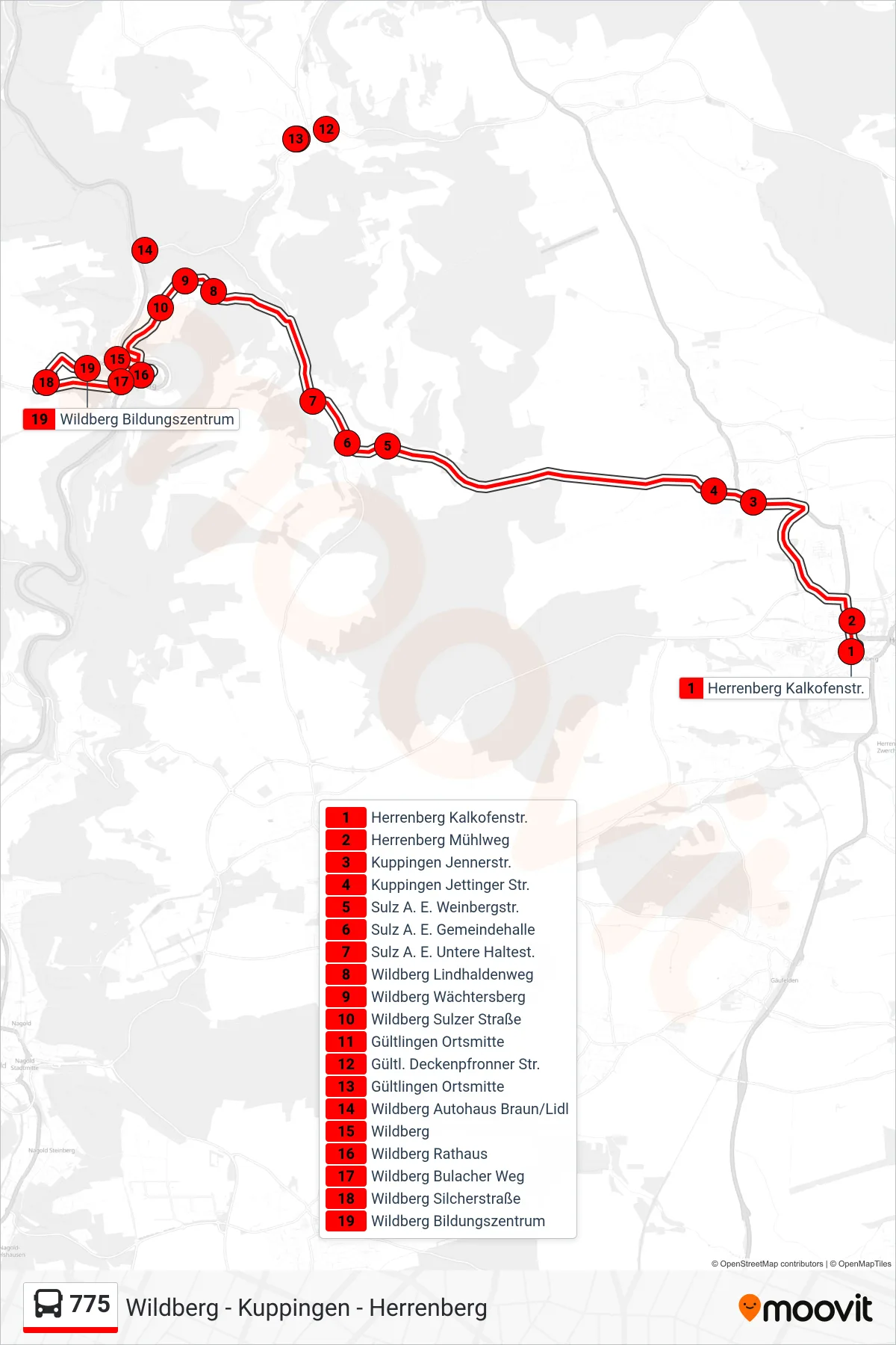 775 bus Line (Wildberg Bildungszentrum) route and stops on a map