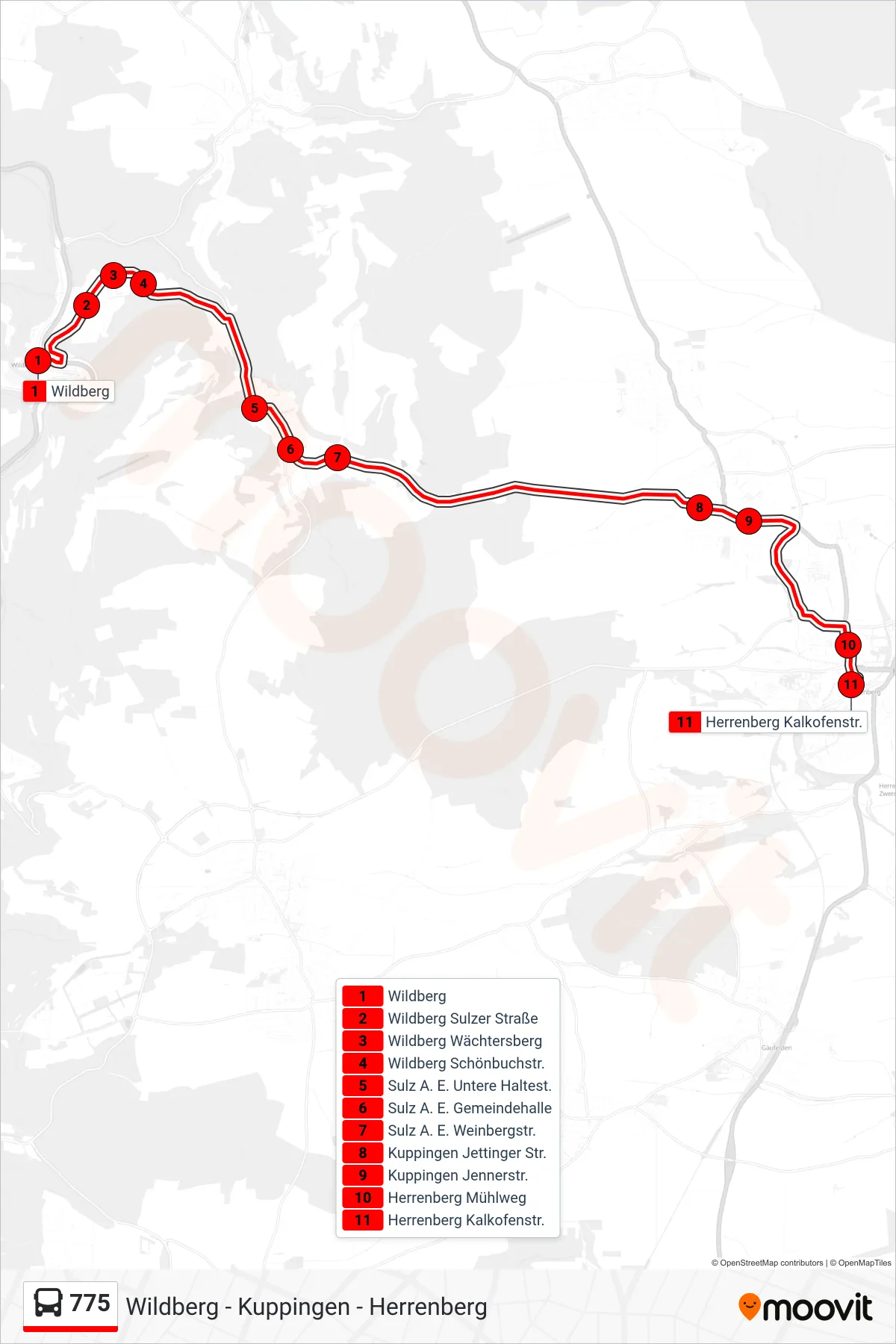 775 bus Line (Herrenberg Kalkofenstr.) route and stops on a map
