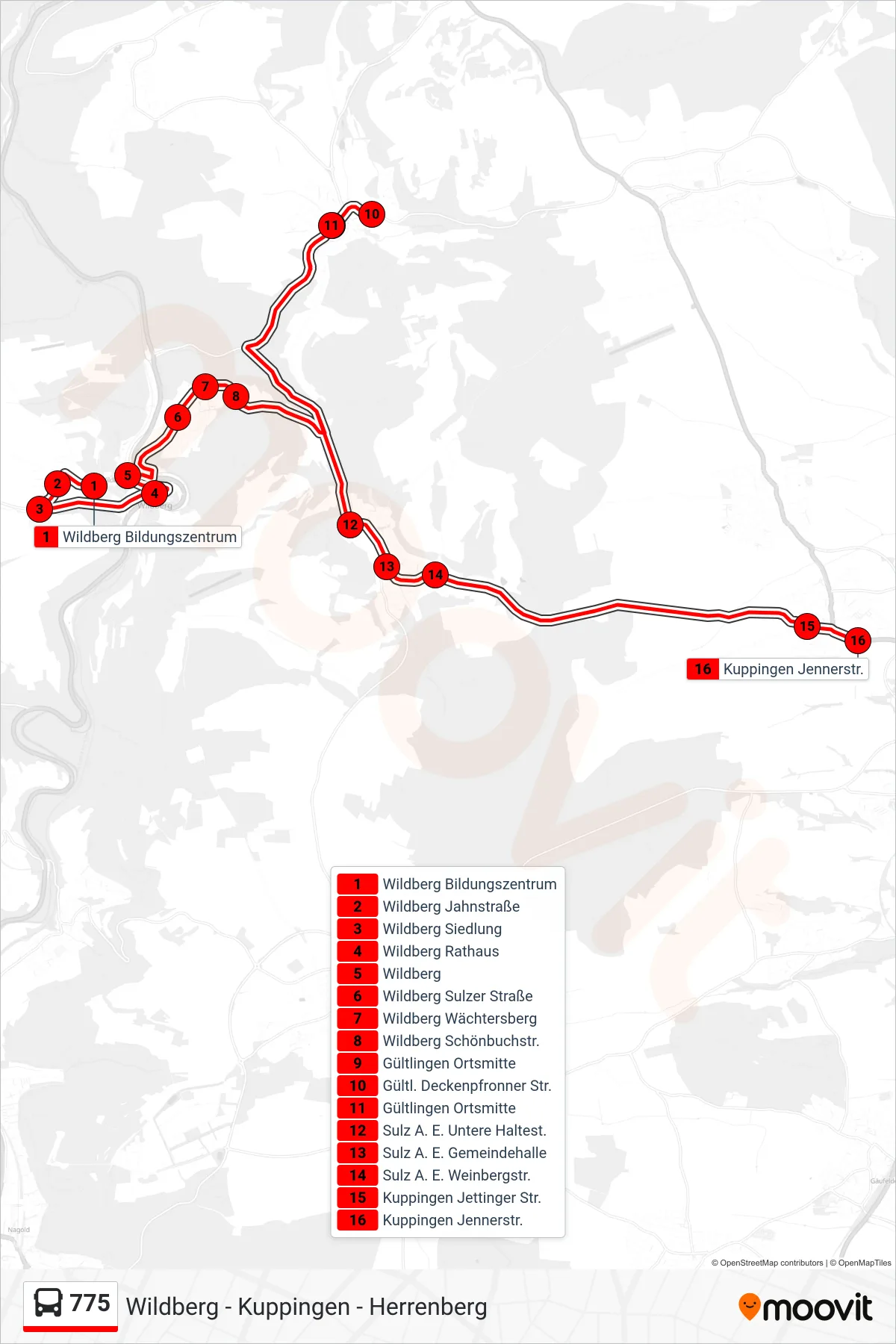 775 bus Line (Kuppingen Jennerstr.) route and stops on a map
