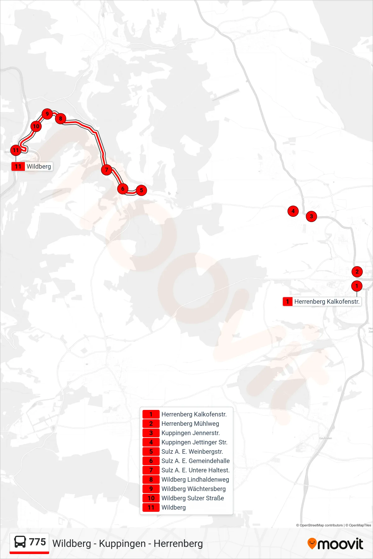 775 bus Line (Wildberg) route and stops on a map