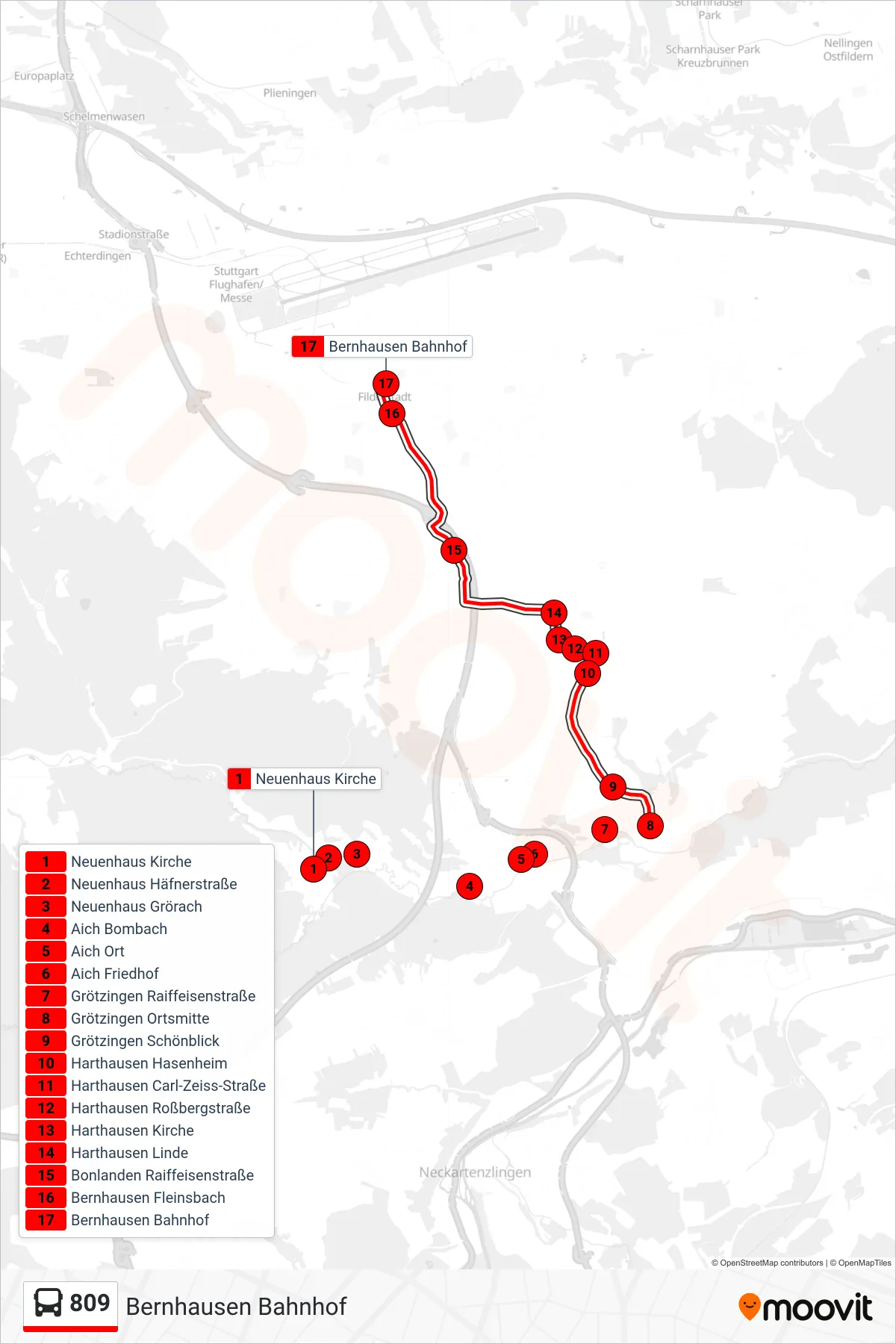 809 bus Line (Bernhausen Bahnhof) route and stops on a map