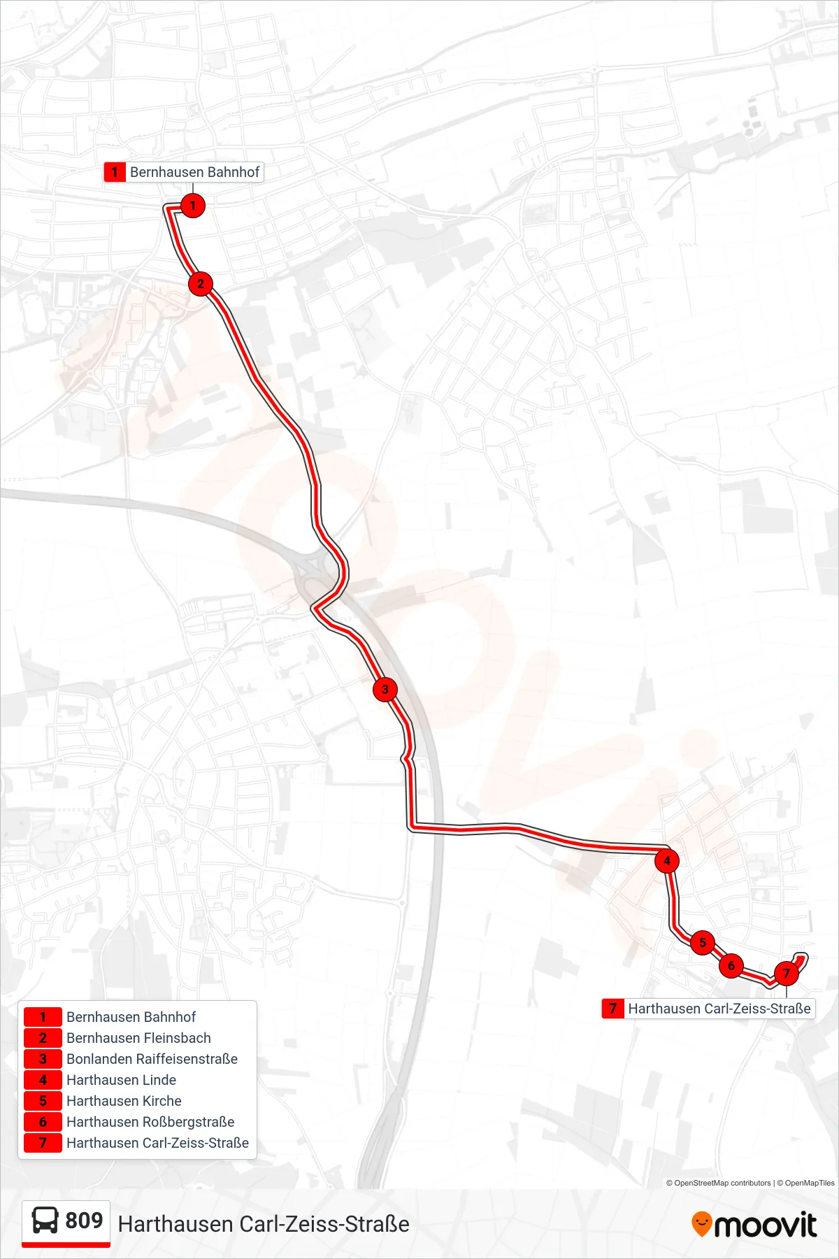 809 bus Line (Harthausen Carl-Zeiss-Straße) route and stops on a map