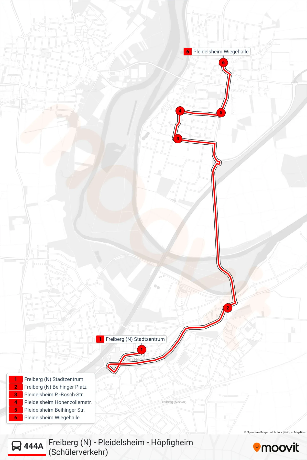 Linie 444A (Bus) Richtung Pleidelsheim Wiegehalle: Route und Haltestellen auf der Karte