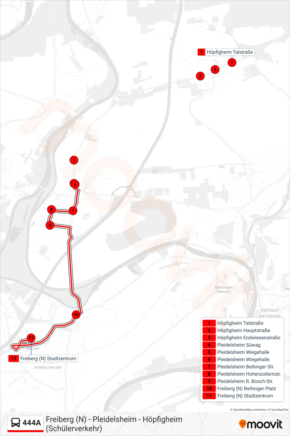 444A bus Line (Freiberg (N) Stadtzentrum) route and stops on a map