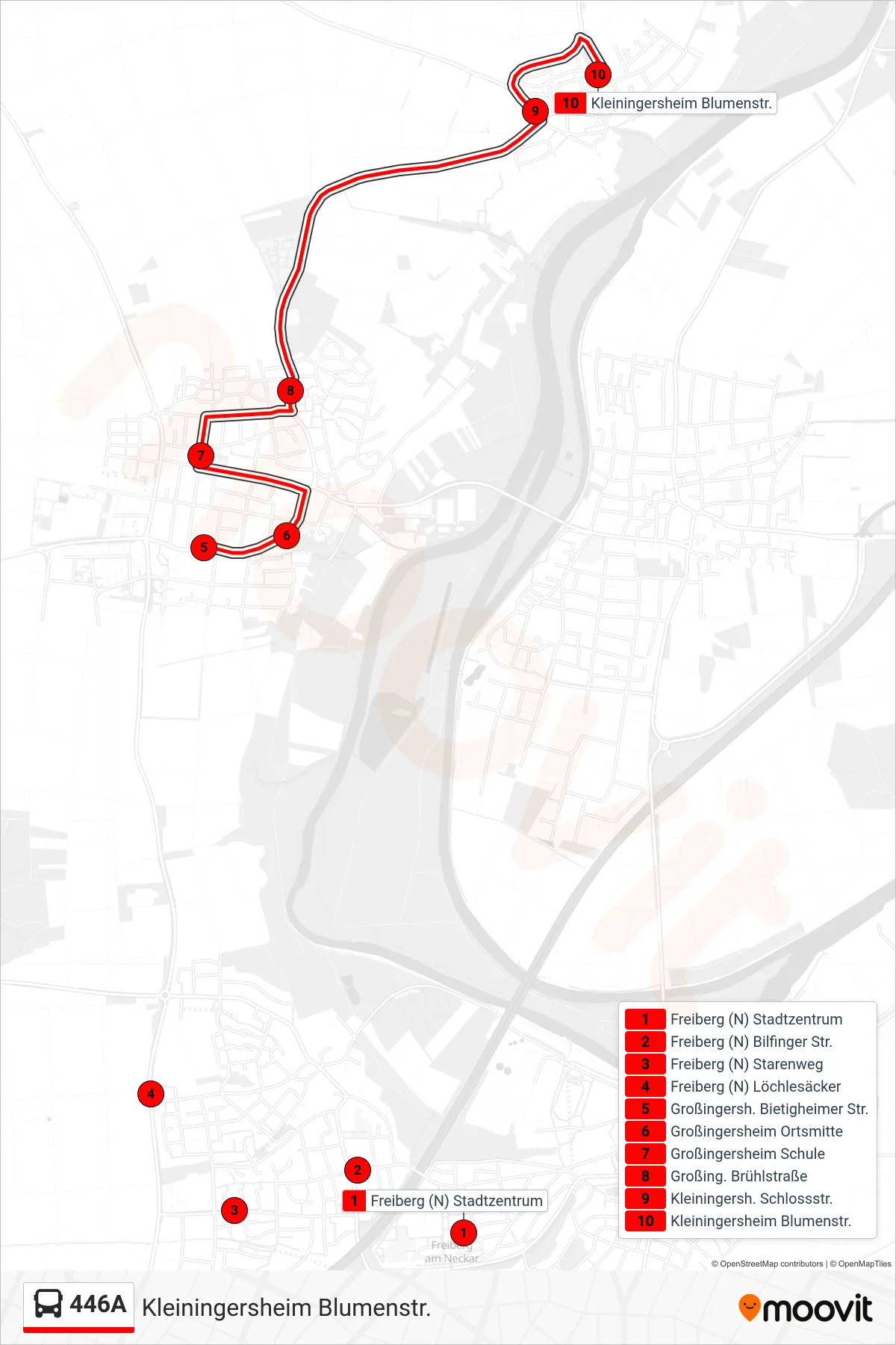 446A bus Line (Kleiningersheim Blumenstr.) route and stops on a map
