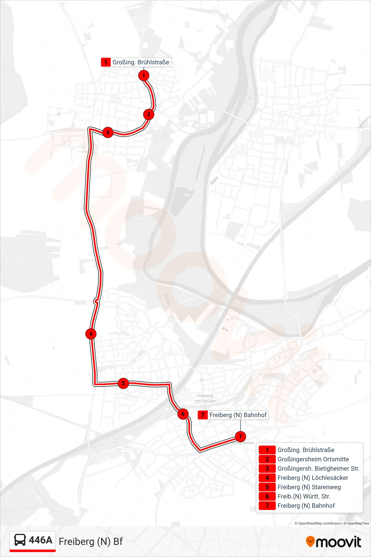 446A bus Line (Freiberg (N) Bf) route and stops on a map