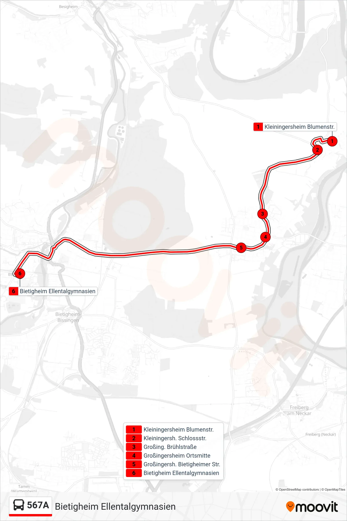 567A bus Line (Bietigheim Ellentalgymnasien) route and stops on a map