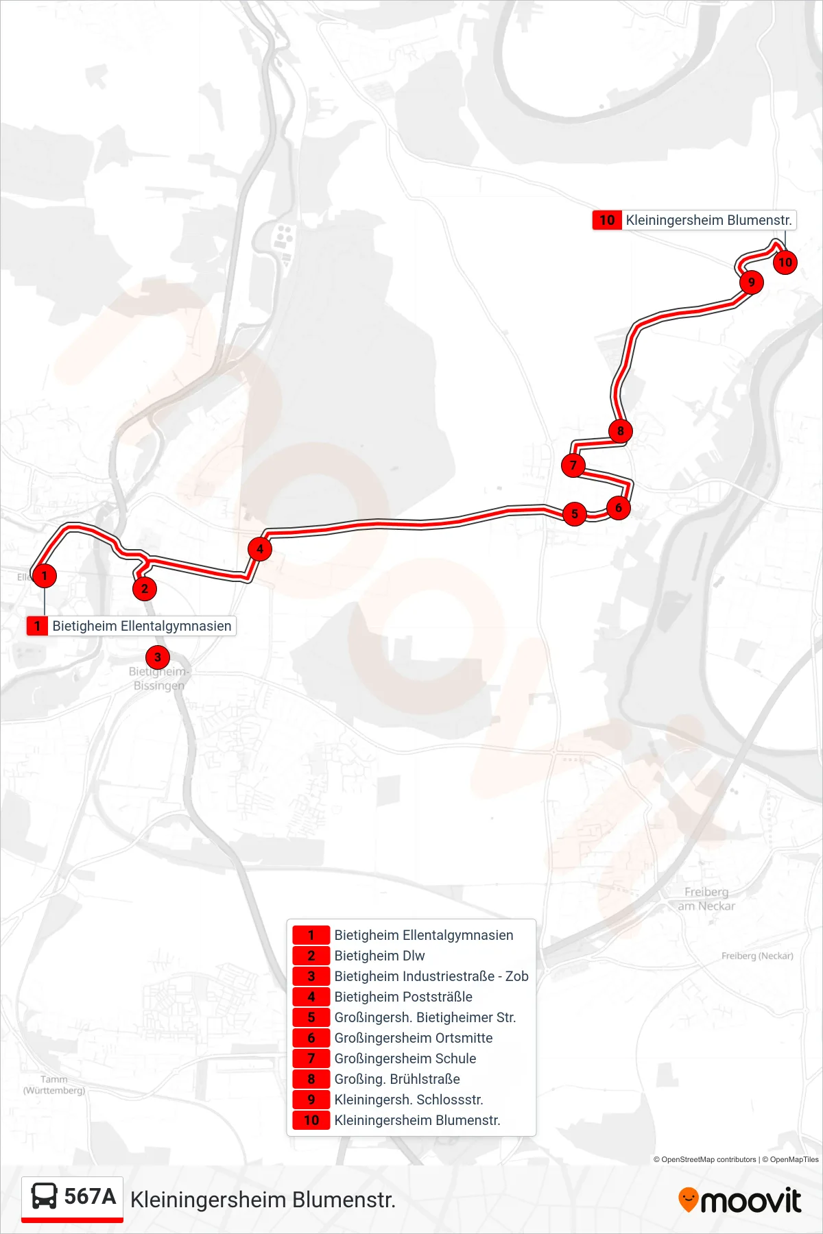 567A bus Line (Kleiningersheim Blumenstr.) route and stops on a map