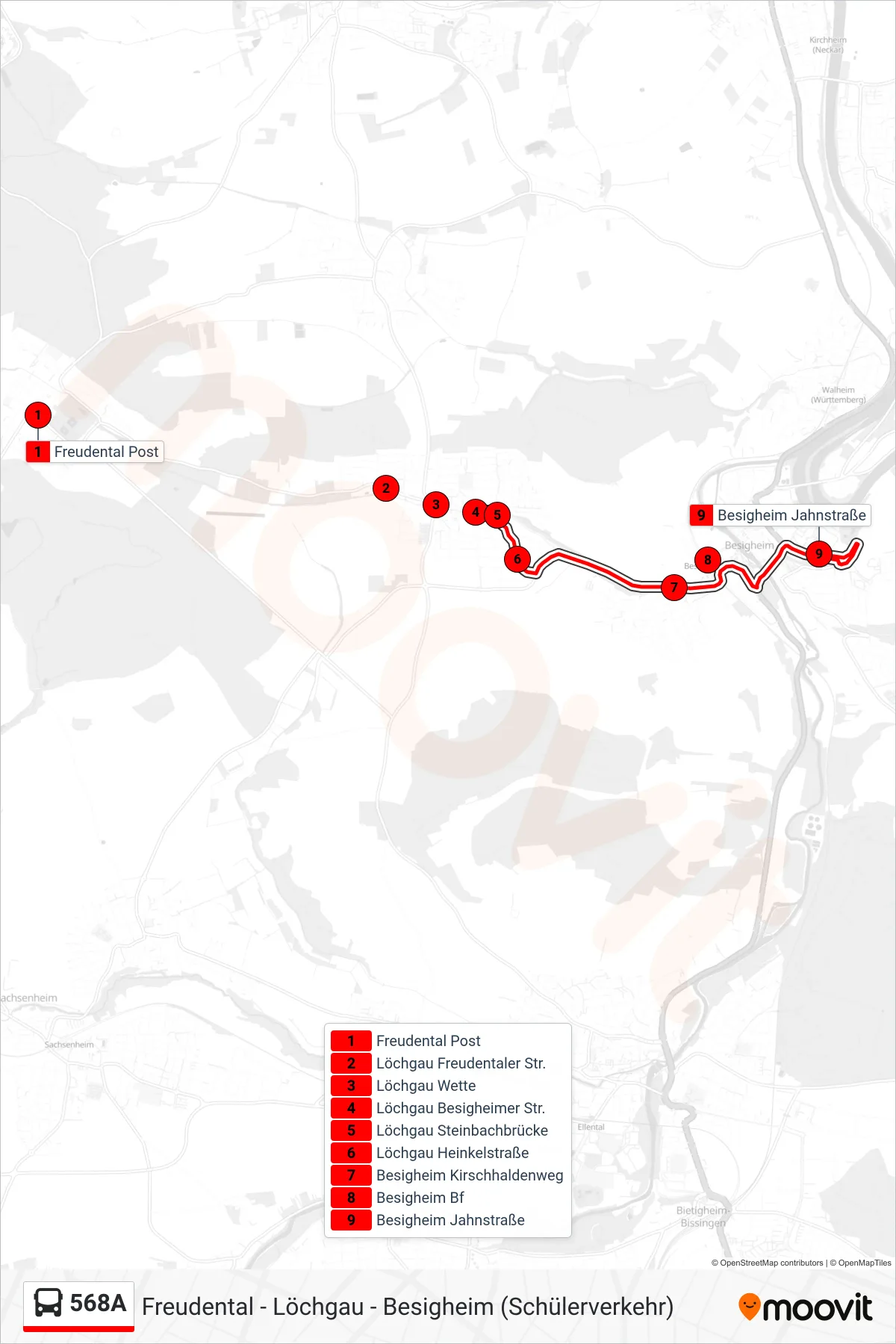 568A bus Line (Besigheim Jahnstraße) route and stops on a map