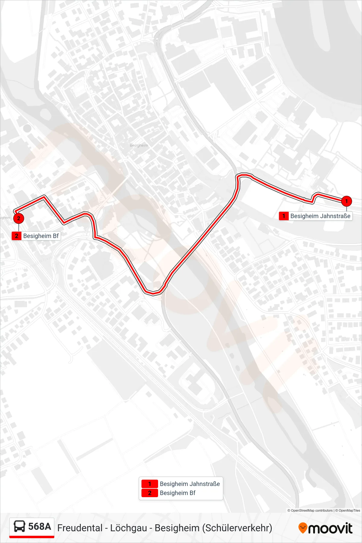 568A bus Line (Besigheim Bf) route and stops on a map