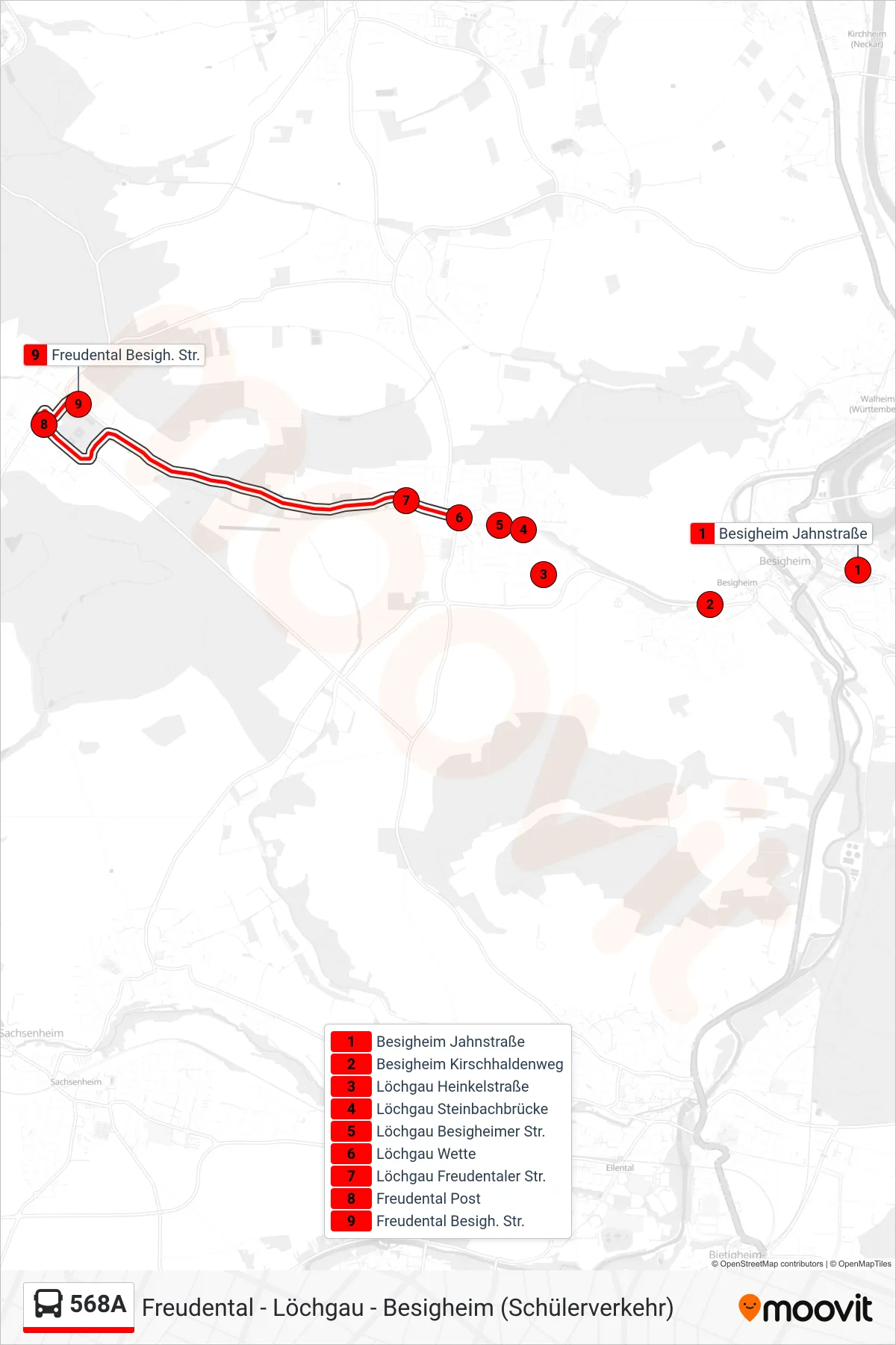Linie 568A (Bus) Richtung Freudental Besigh. Str.: Route und Haltestellen auf der Karte
