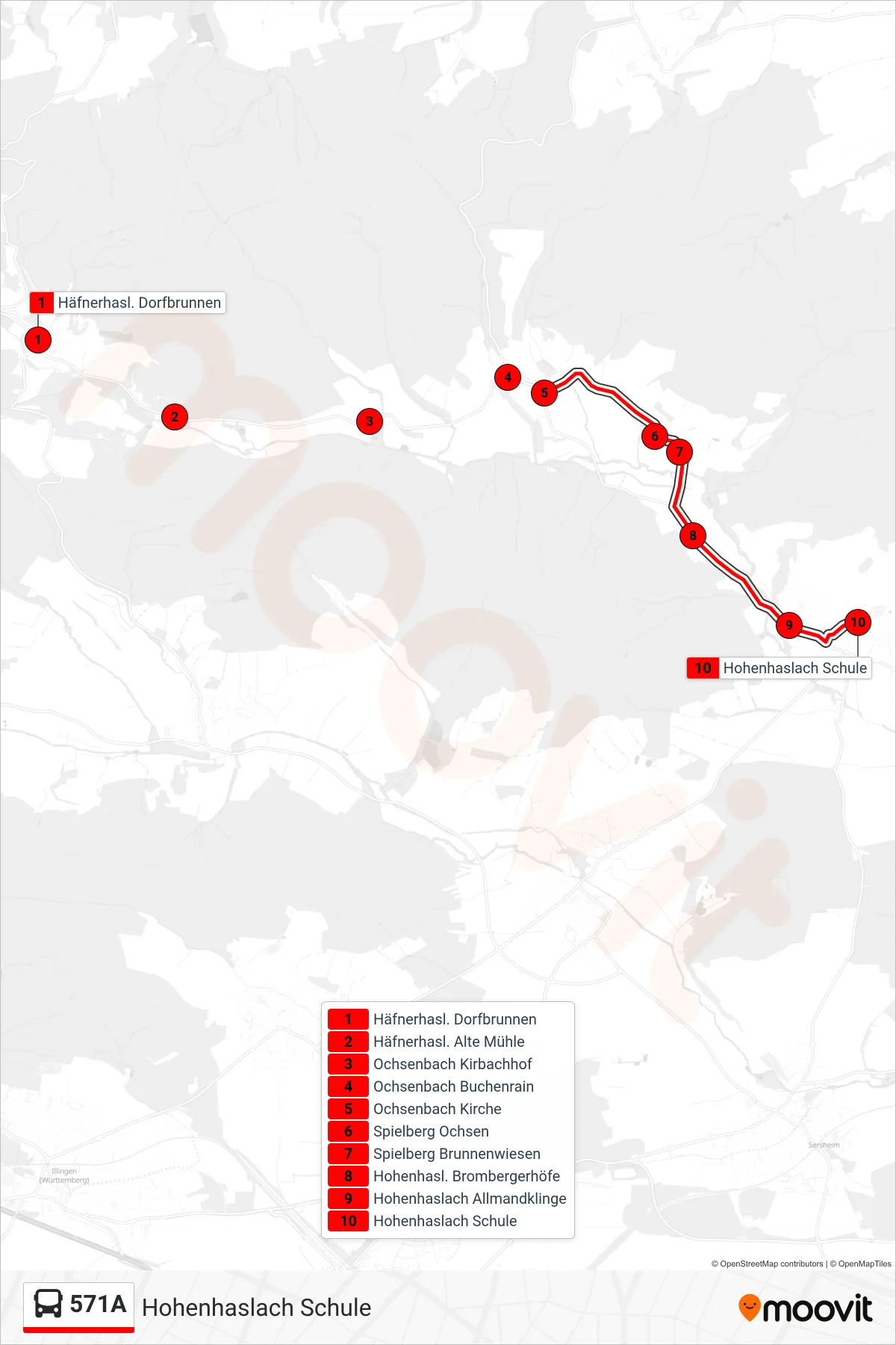 571A bus Line (Hohenhaslach Schule) route and stops on a map