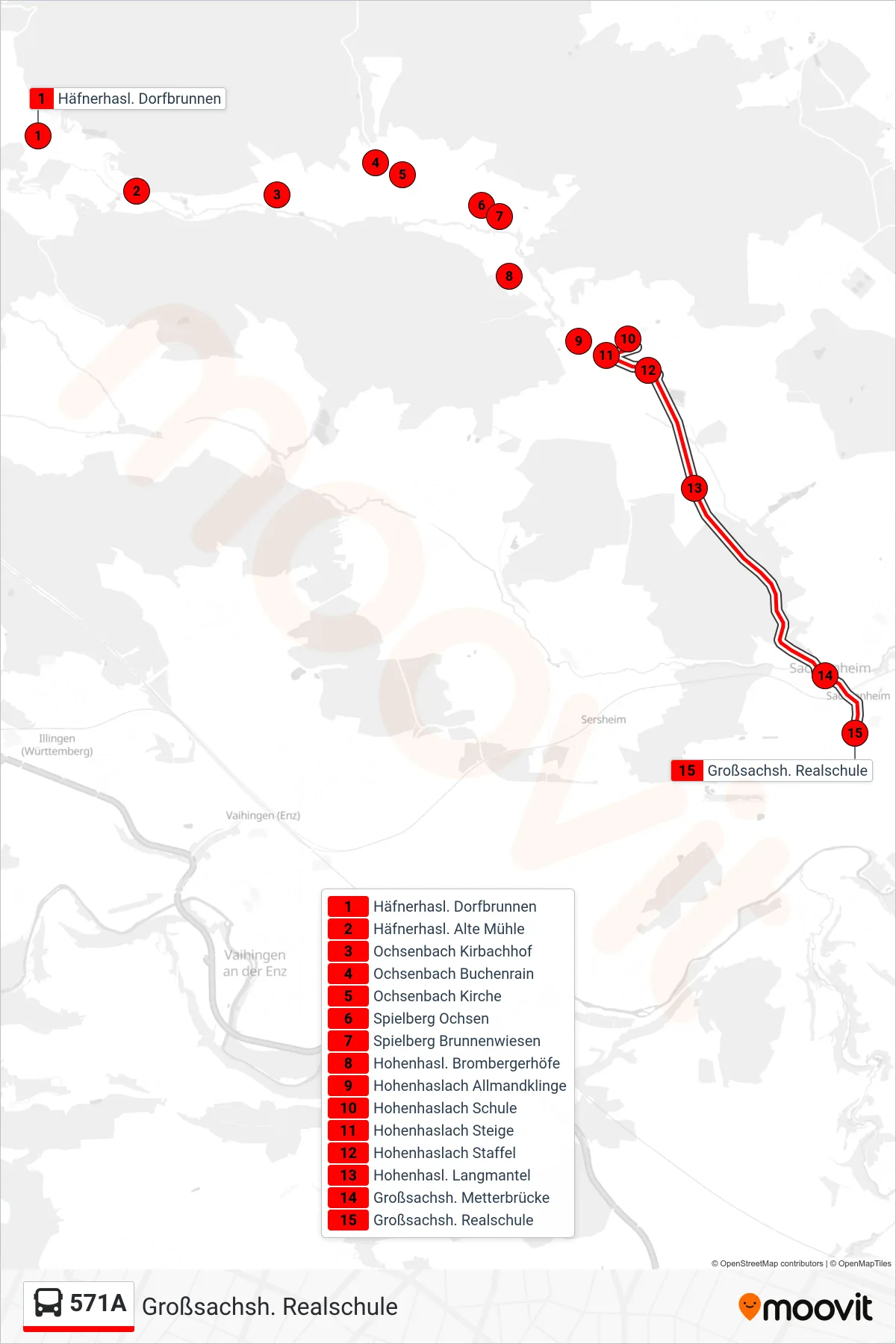 571A bus Line (Großsachsh. Realschule) route and stops on a map