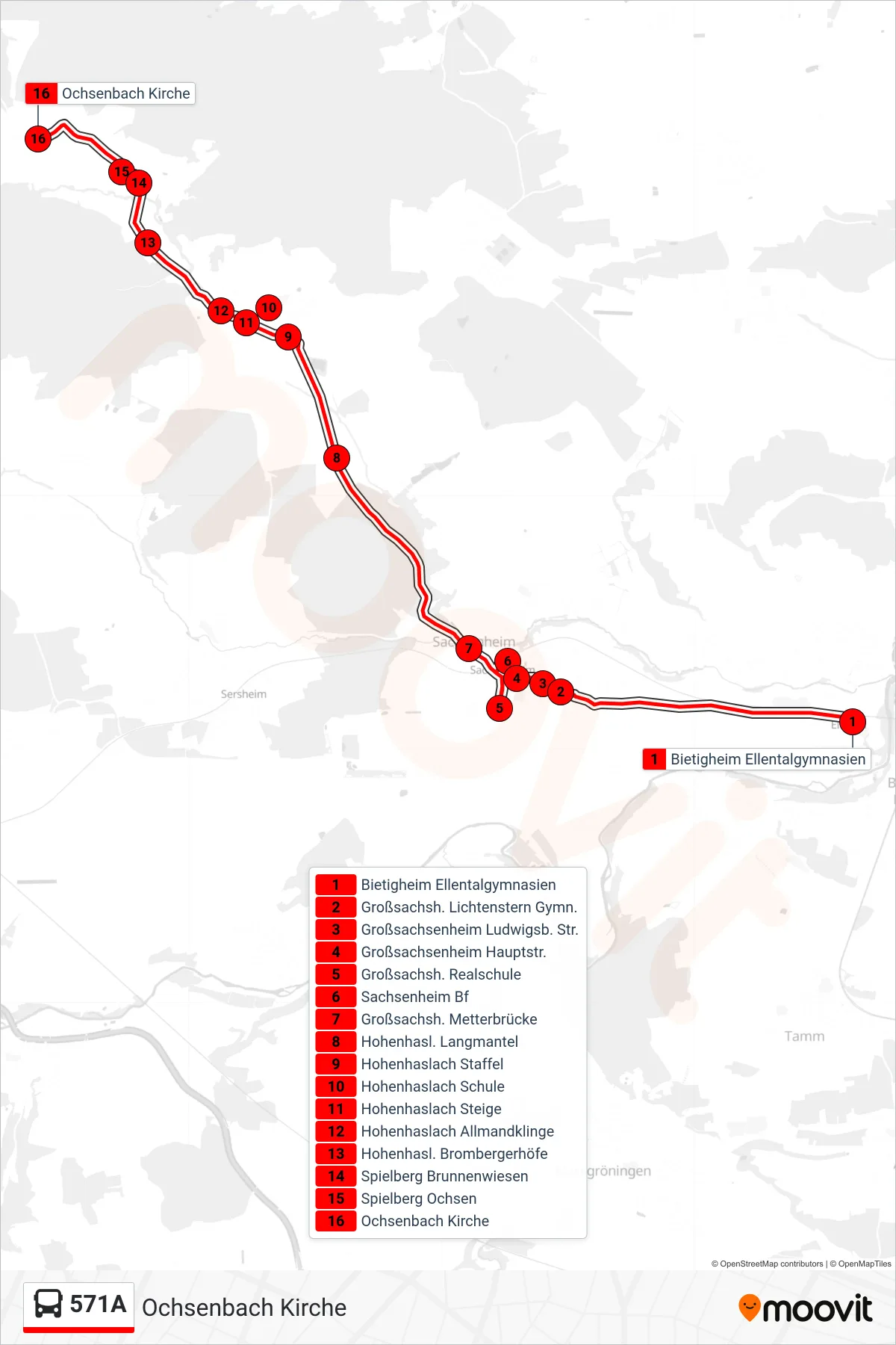Linie 571A (Bus) Richtung Ochsenbach Kirche: Route und Haltestellen auf der Karte