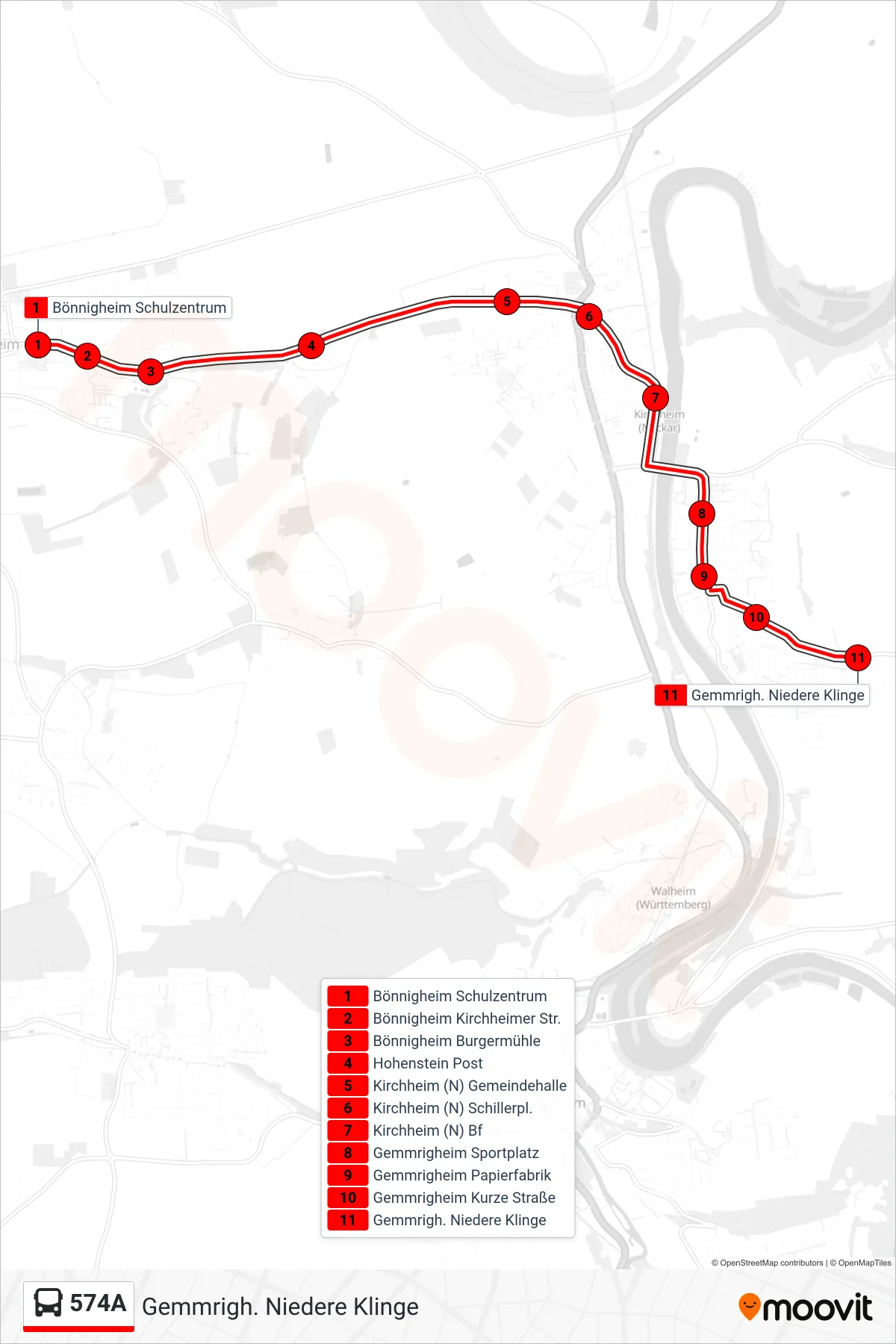 574A bus Line (Gemmrigh. Niedere Klinge) route and stops on a map