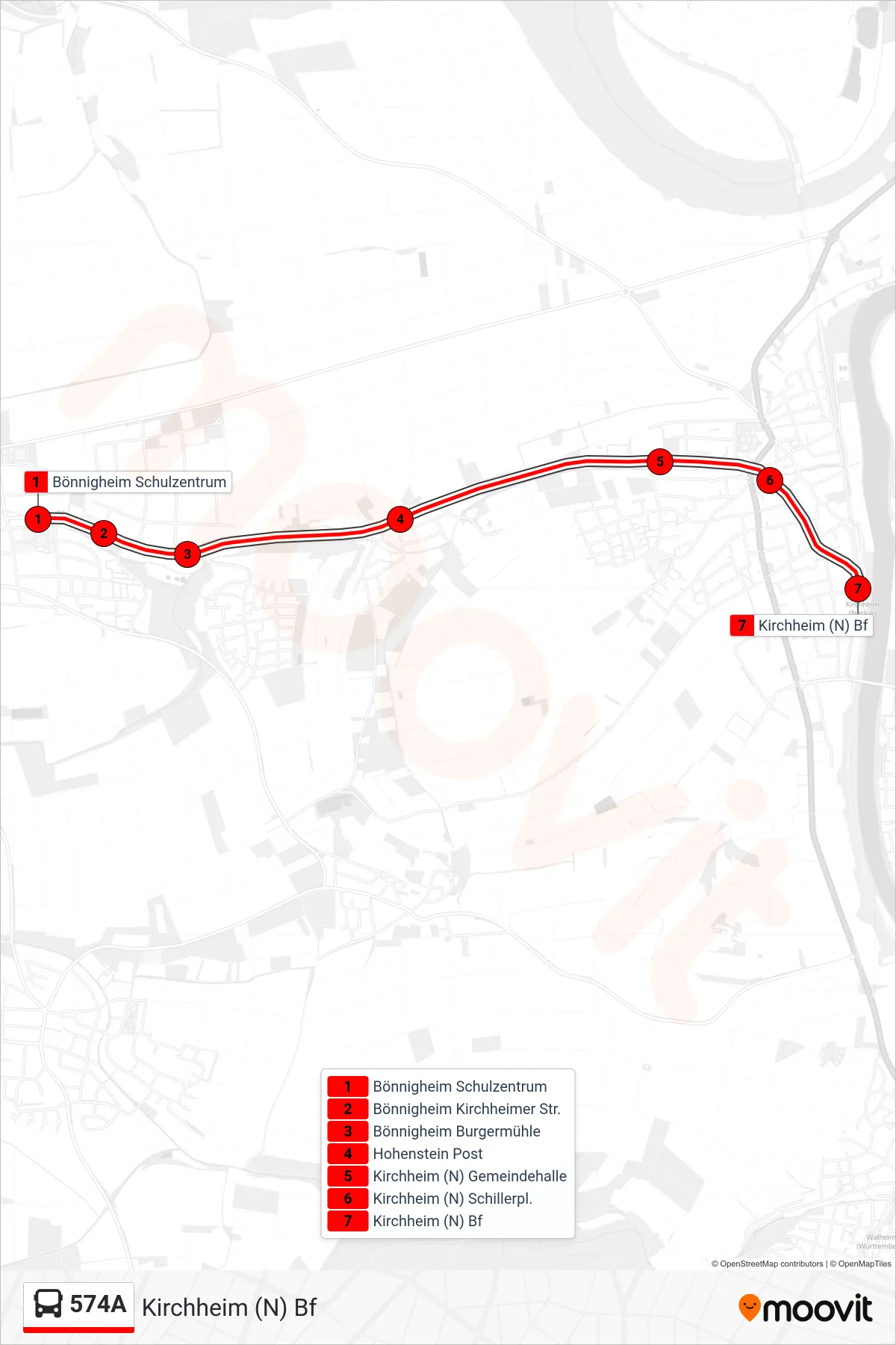 574A bus Line (Kirchheim (N) Bf) route and stops on a map