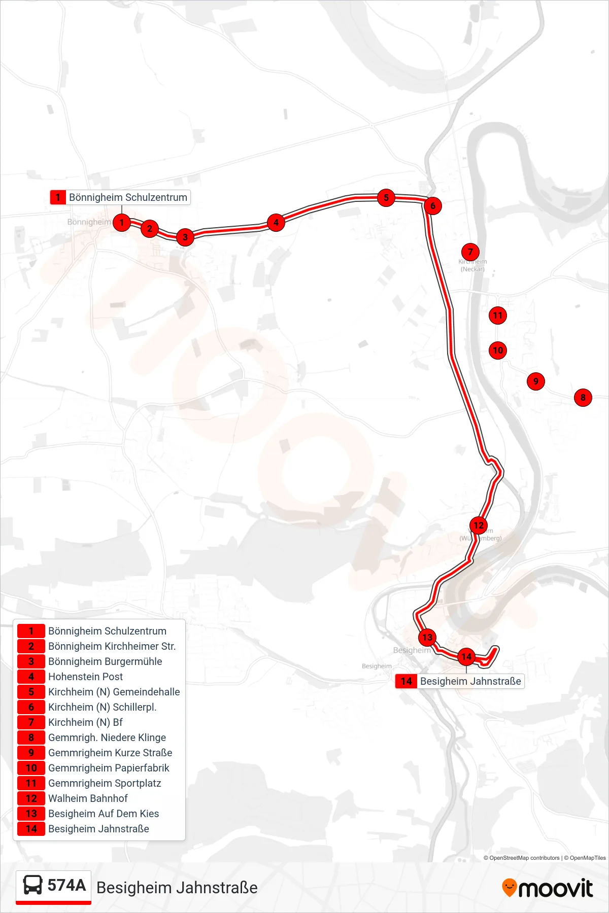 574A bus Line (Besigheim Jahnstraße) route and stops on a map