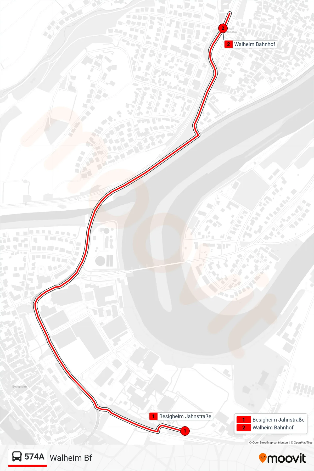 574A bus Line (Walheim Bf) route and stops on a map