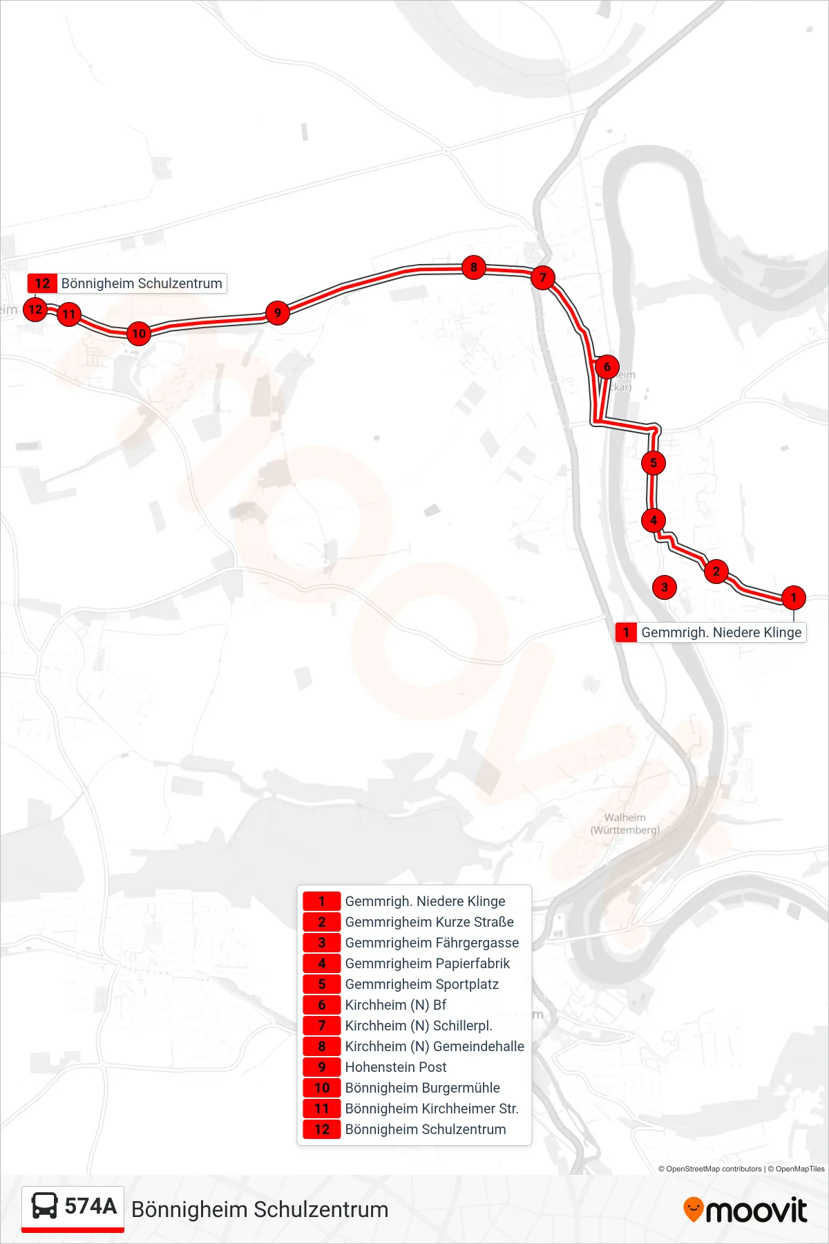 574A bus Line (Bönnigheim Schulzentrum) route and stops on a map
