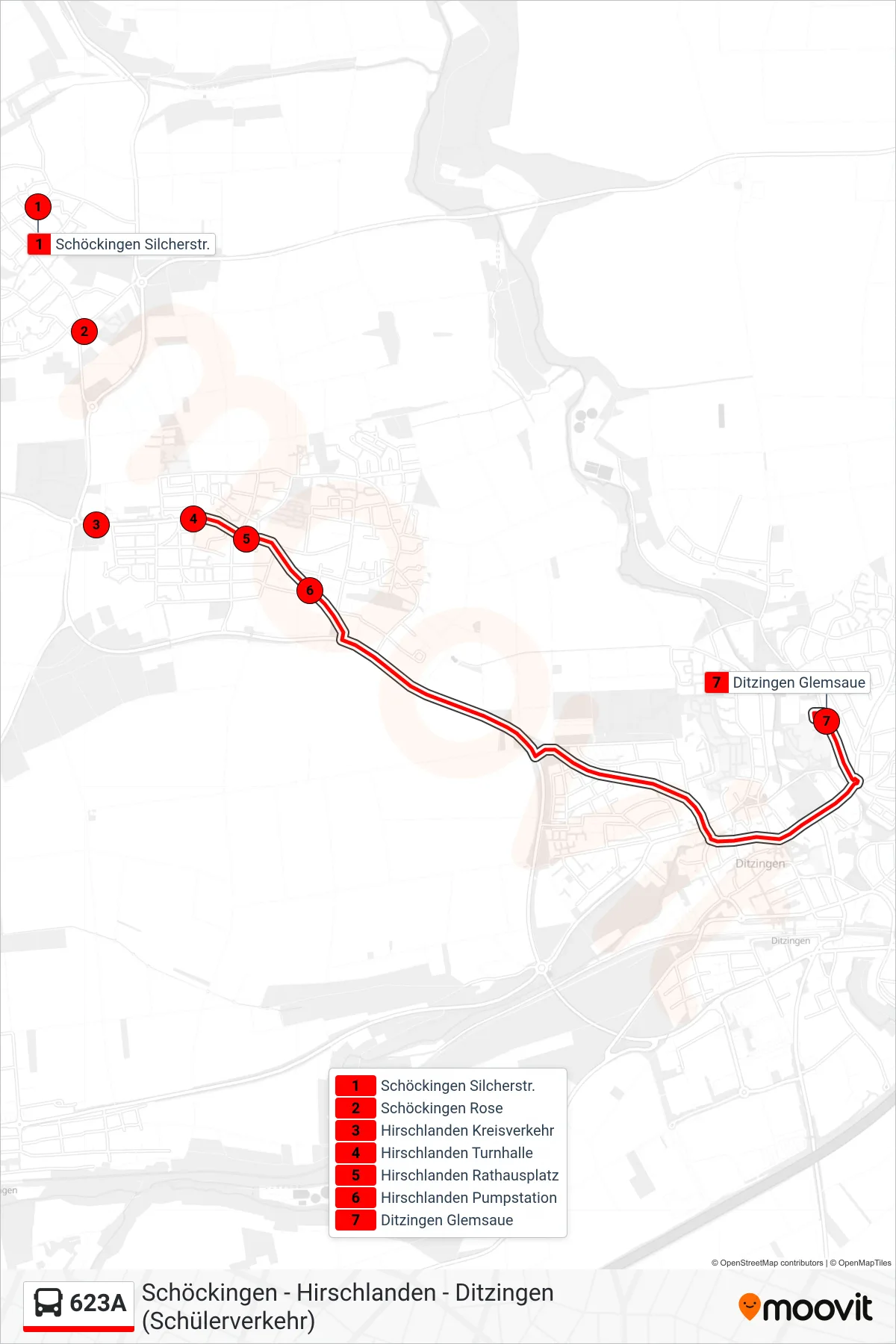 623A bus Line (Ditzingen Glemsaue) route and stops on a map