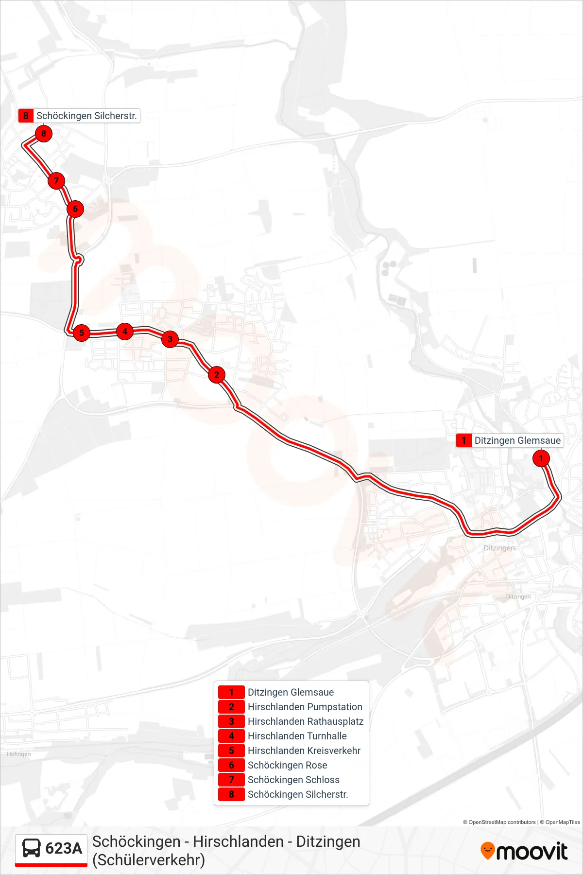 623A bus Line (Schöckingen Silcherstr.) route and stops on a map