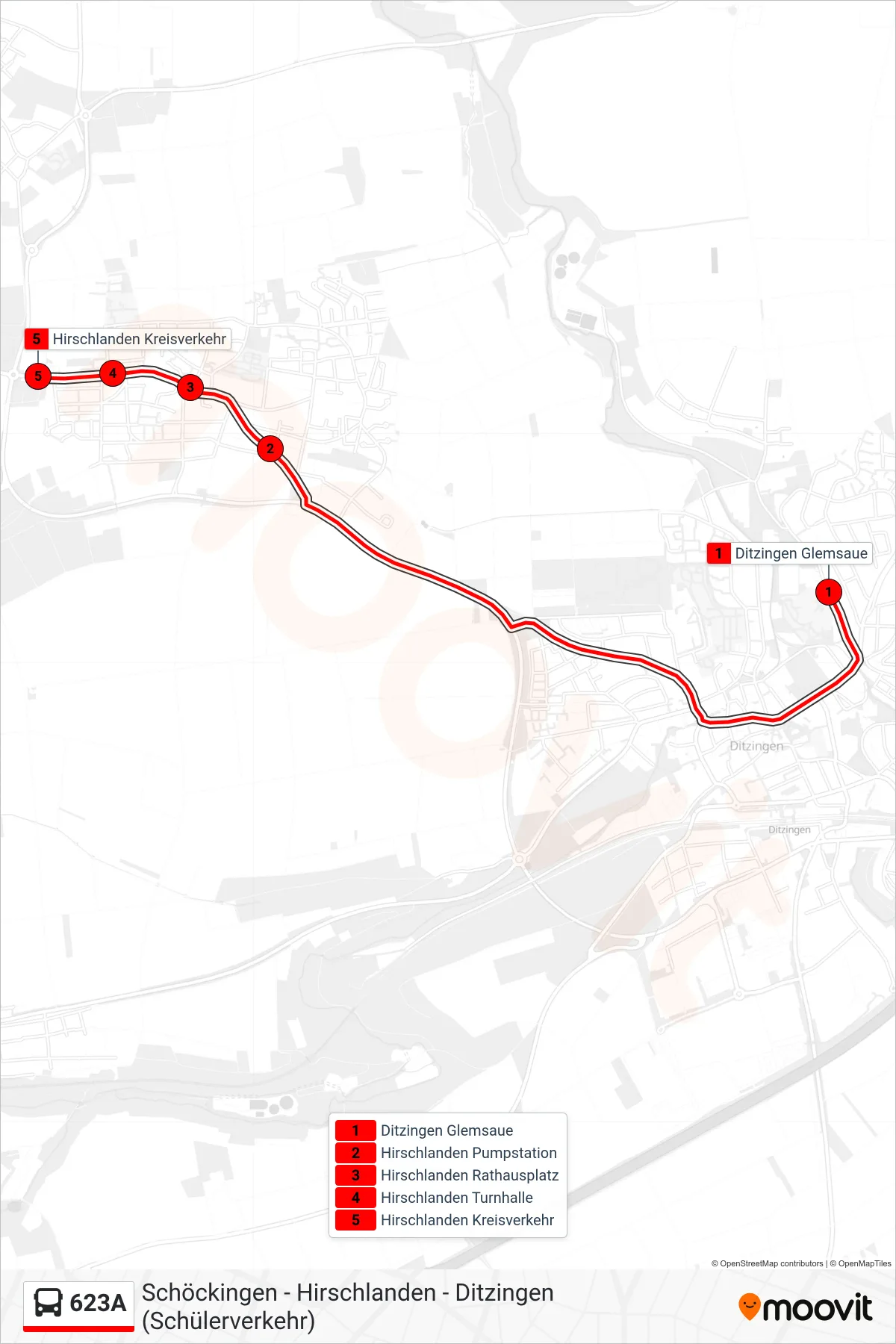 Linie 623A (Bus) Richtung Hirschlanden Kreisverkehr: Route und Haltestellen auf der Karte