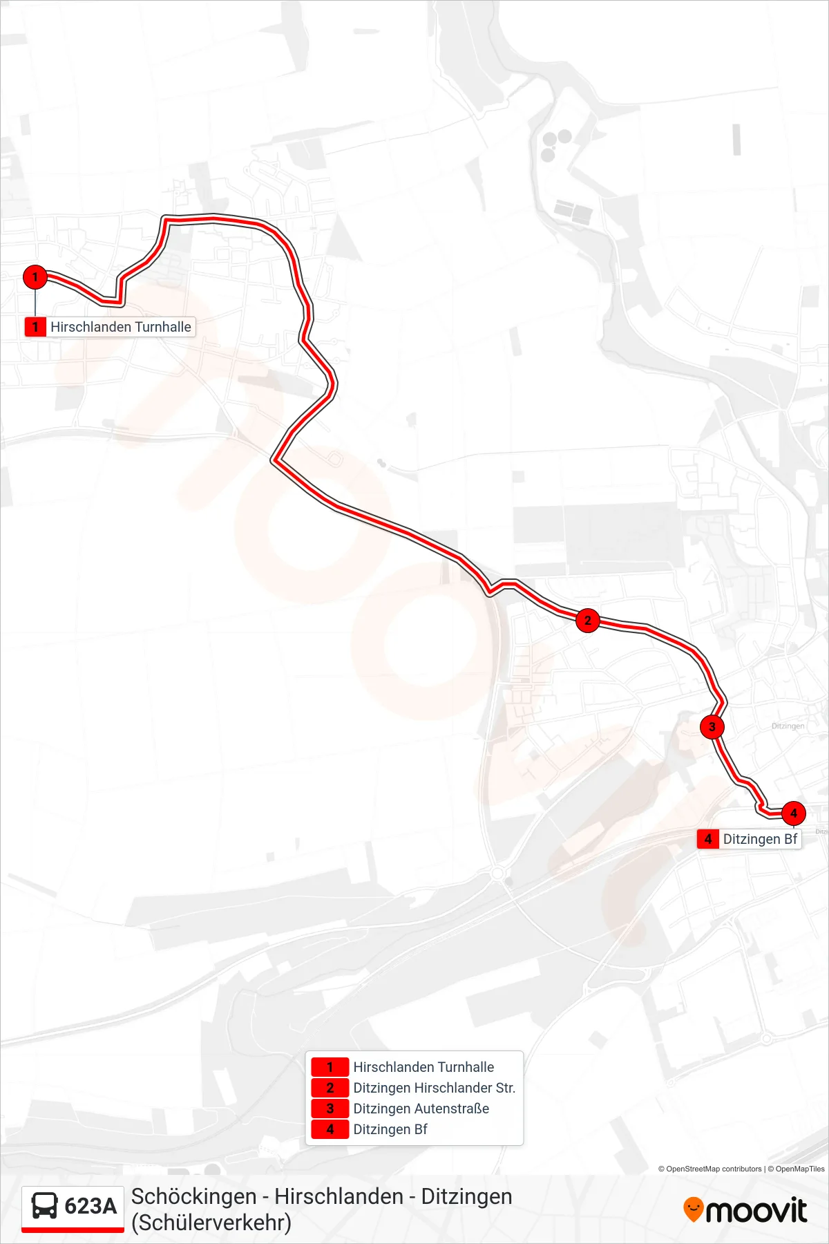 623A bus Line (Ditzingen Bf) route and stops on a map
