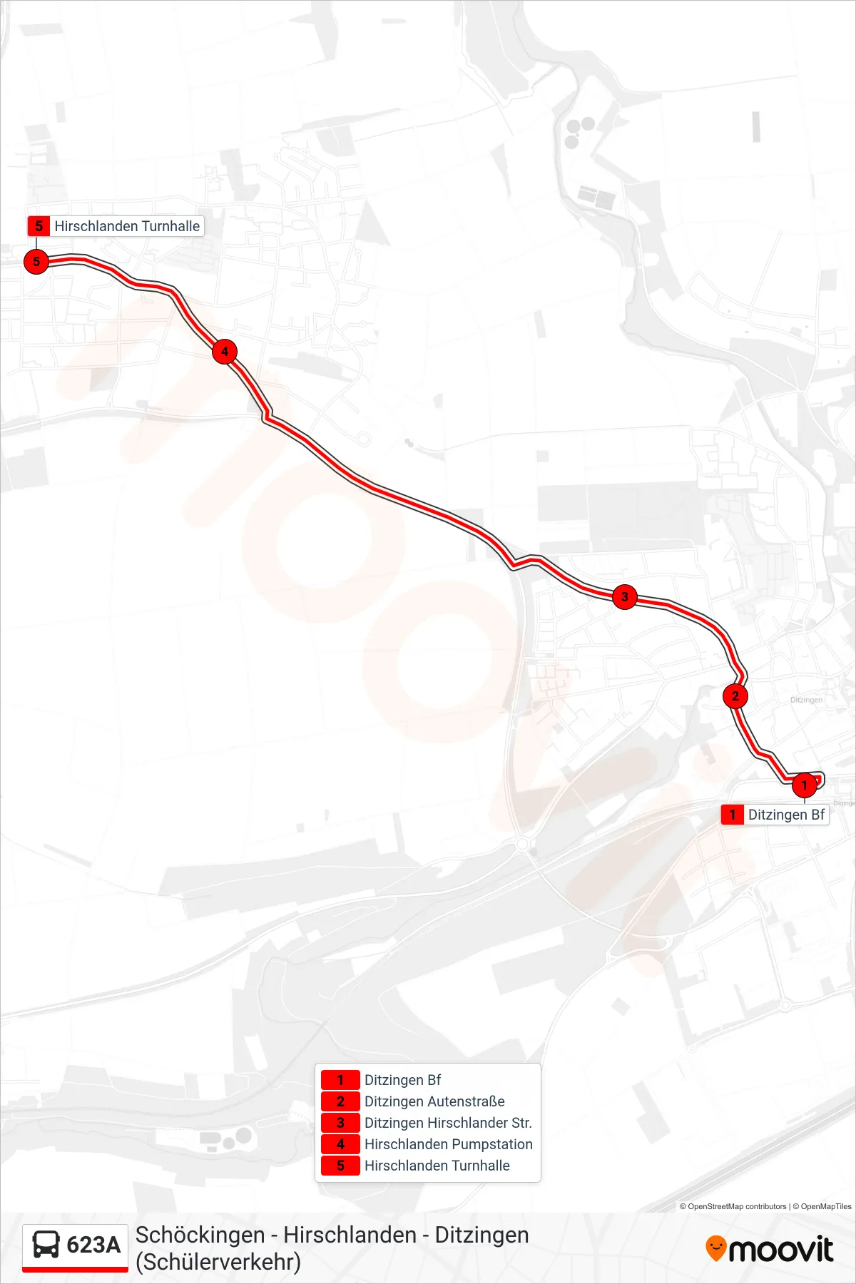 623A bus Line (Hirschlanden Turnhalle) route and stops on a map