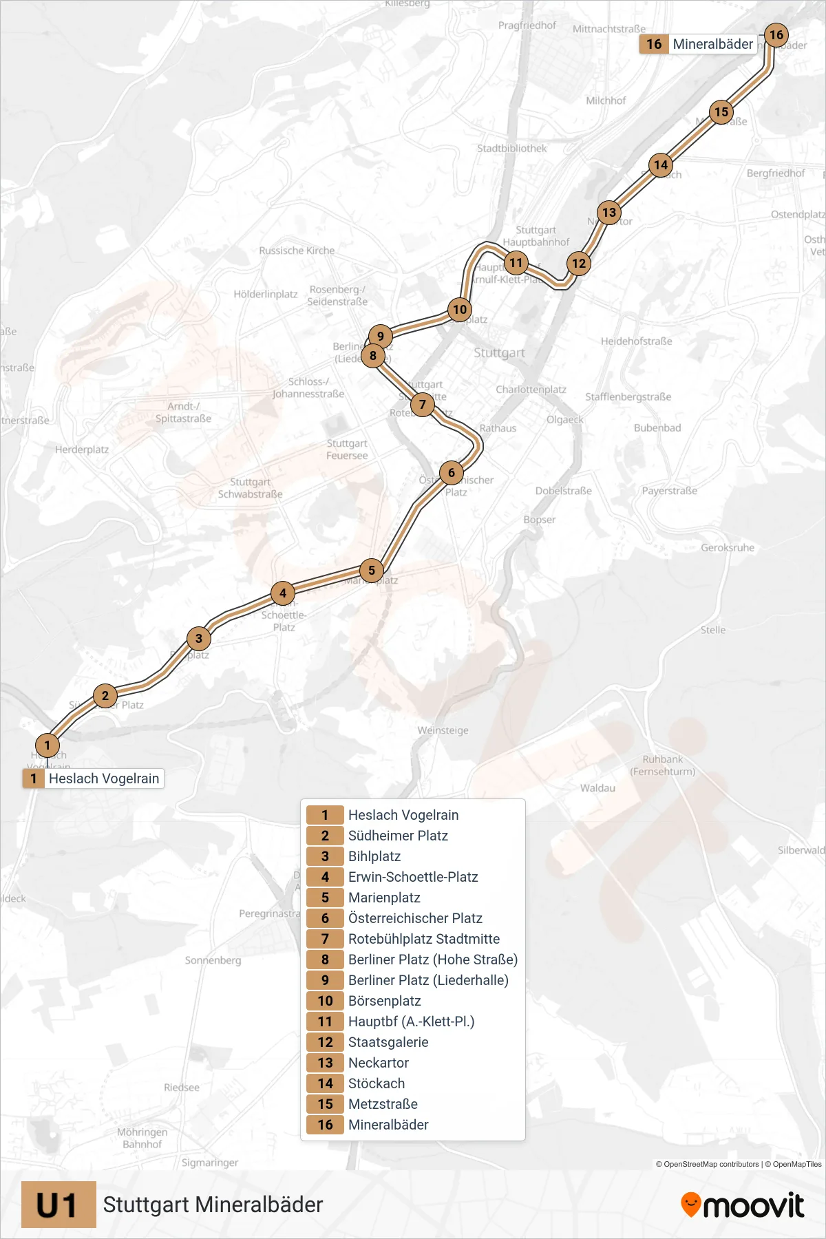 U1 subway Line (Stuttgart Mineralbäder) route and stops on a map