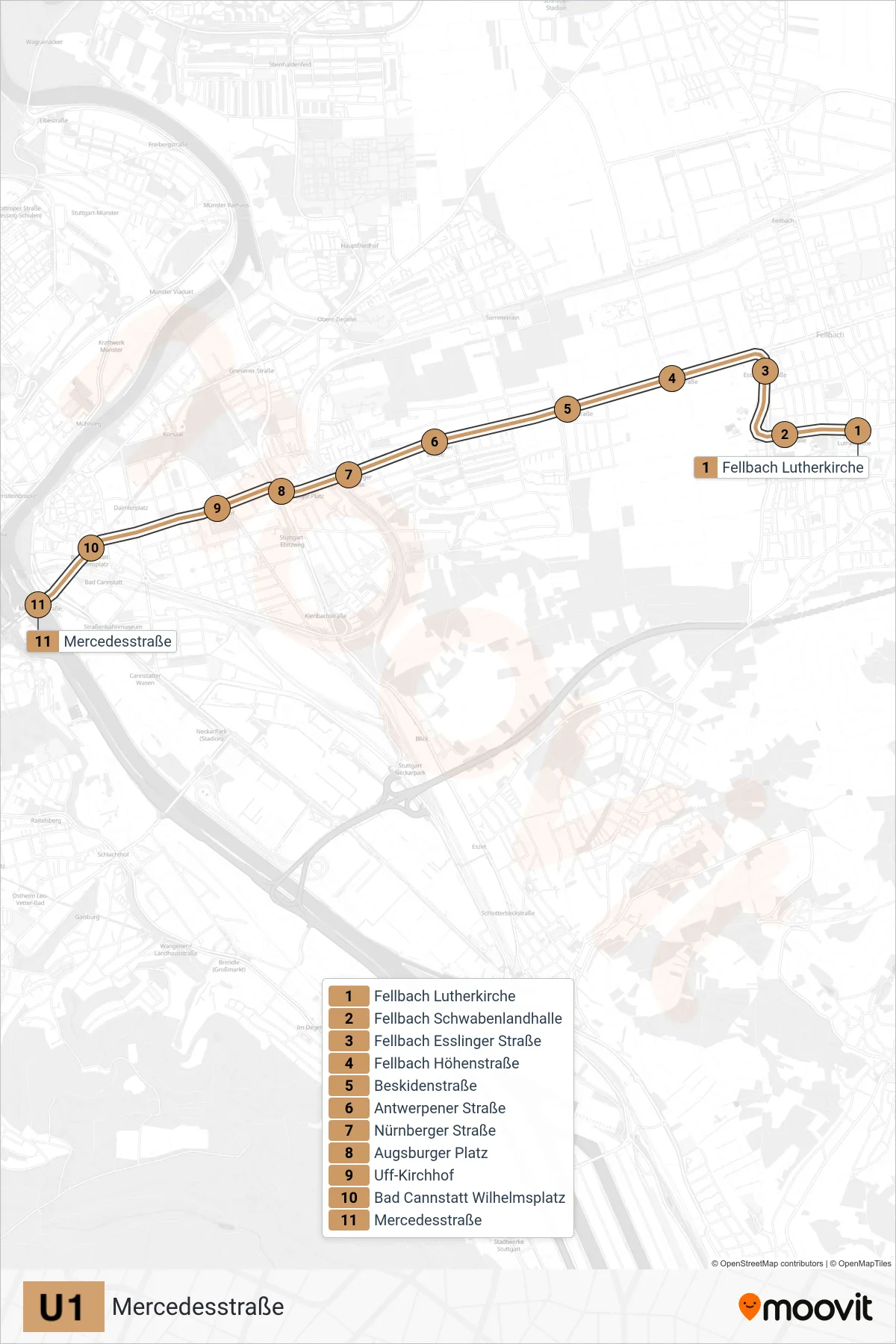 U1 subway Line (Mercedesstraße) route and stops on a map