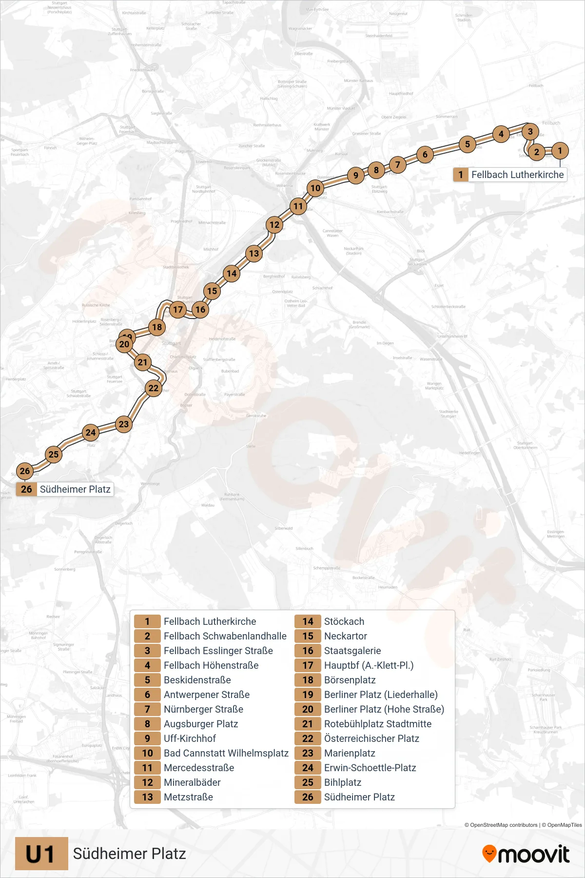U1 subway Line (Südheimer Platz) route and stops on a map