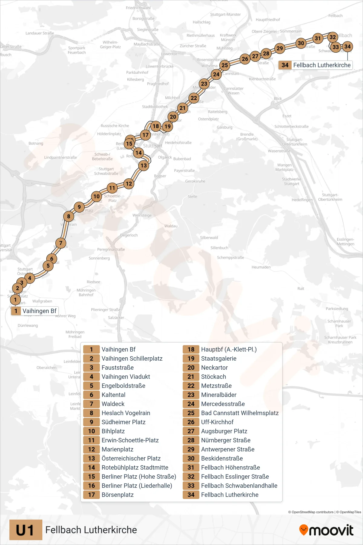 U1 subway Line (Fellbach Lutherkirche) route and stops on a map