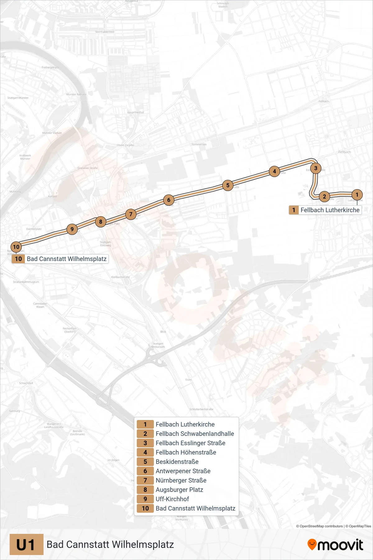 U1 subway Line (Bad Cannstatt Wilhelmsplatz) route and stops on a map