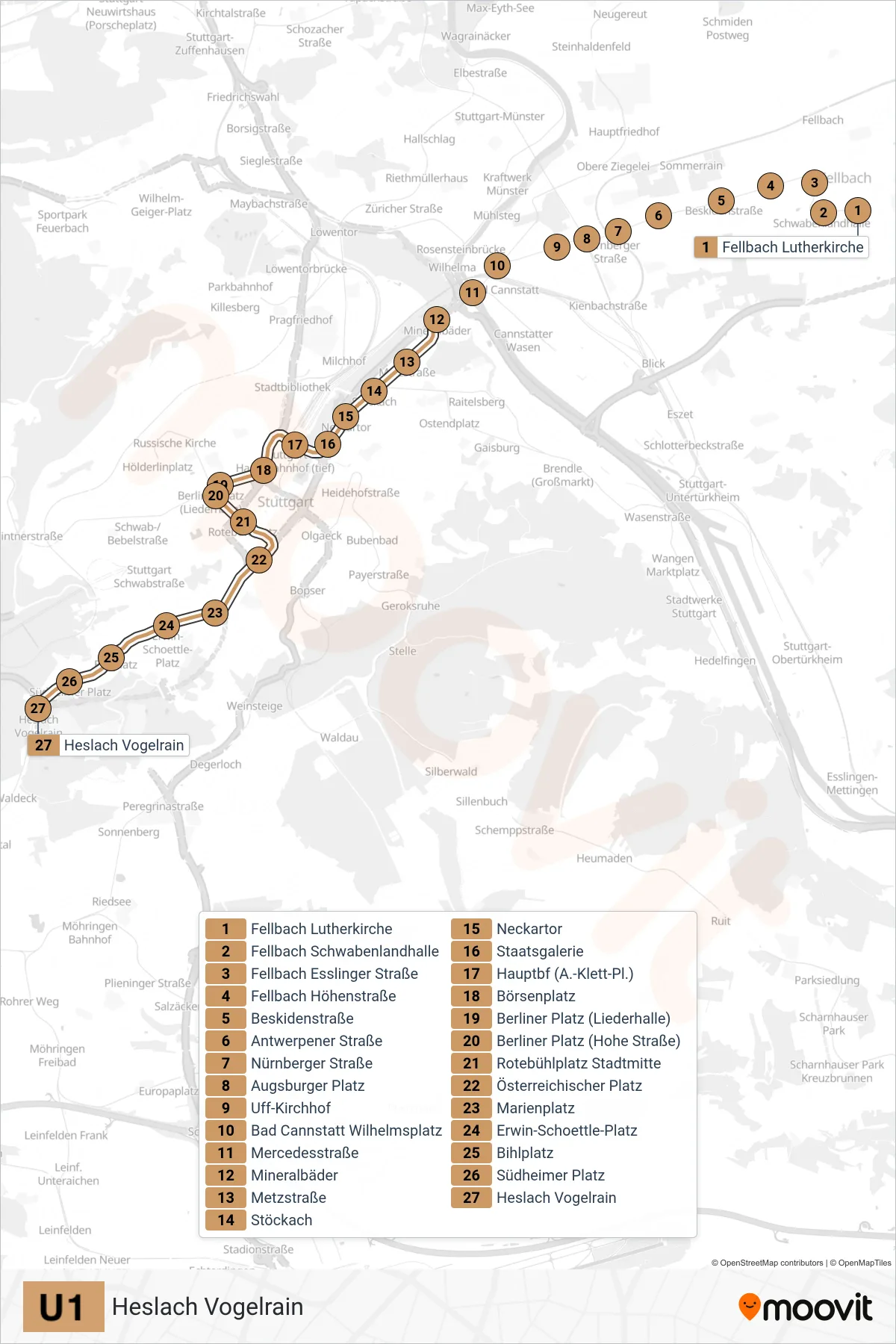 Linie U1 (U-Bahn) Richtung Heslach Vogelrain: Route und Haltestellen auf der Karte