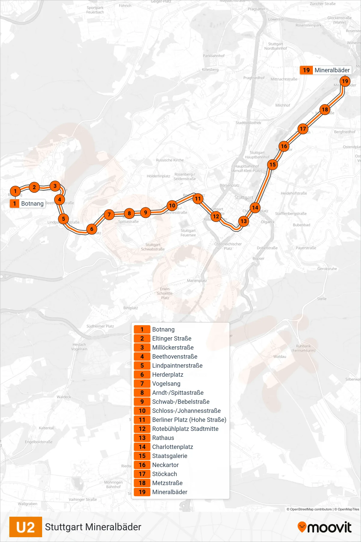 Linie U2 (U-Bahn) Richtung Stuttgart Mineralbäder: Route und Haltestellen auf der Karte