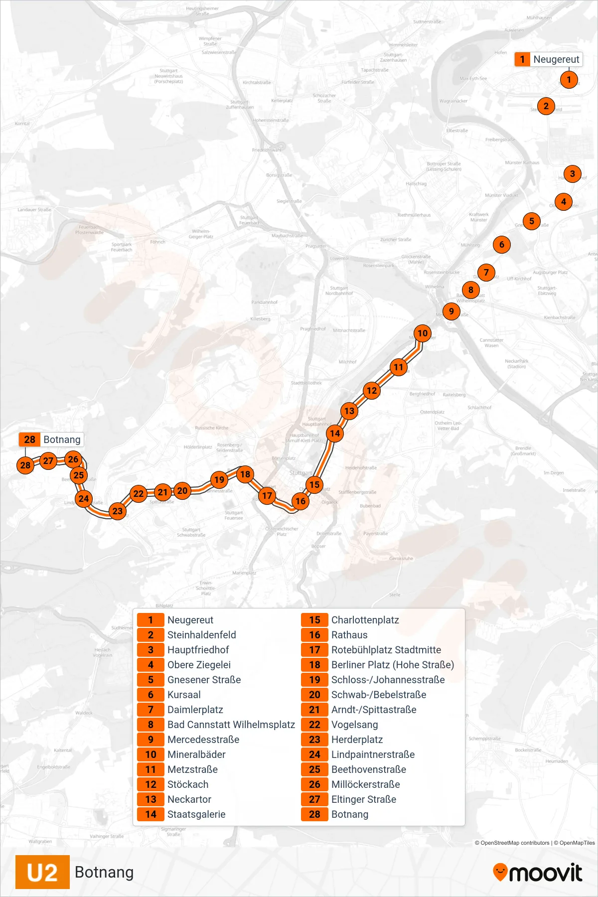 U2 subway Line (Botnang) route and stops on a map