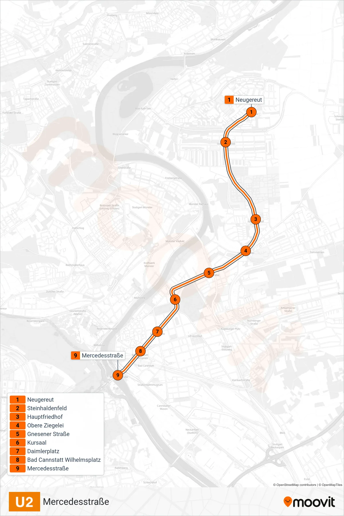 U2 subway Line (Mercedesstraße) route and stops on a map
