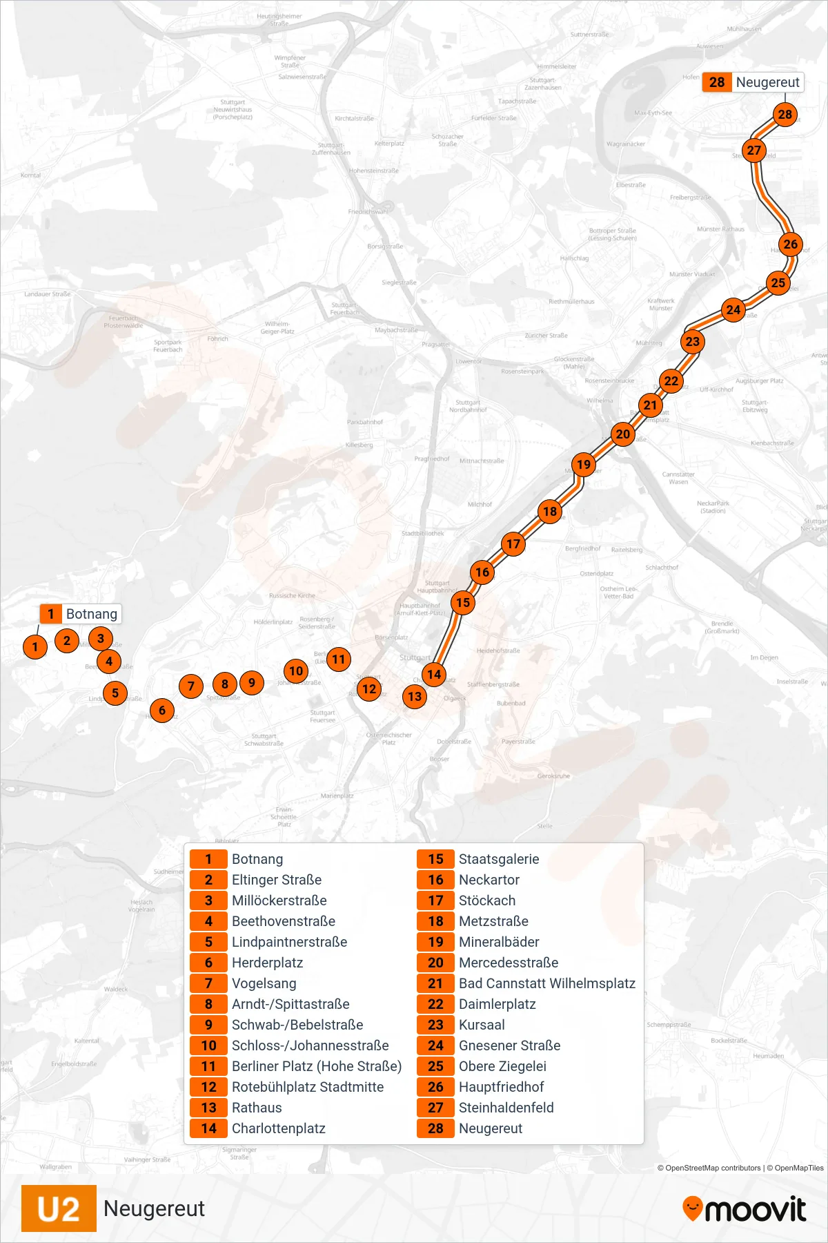 U2 subway Line (Neugereut) route and stops on a map