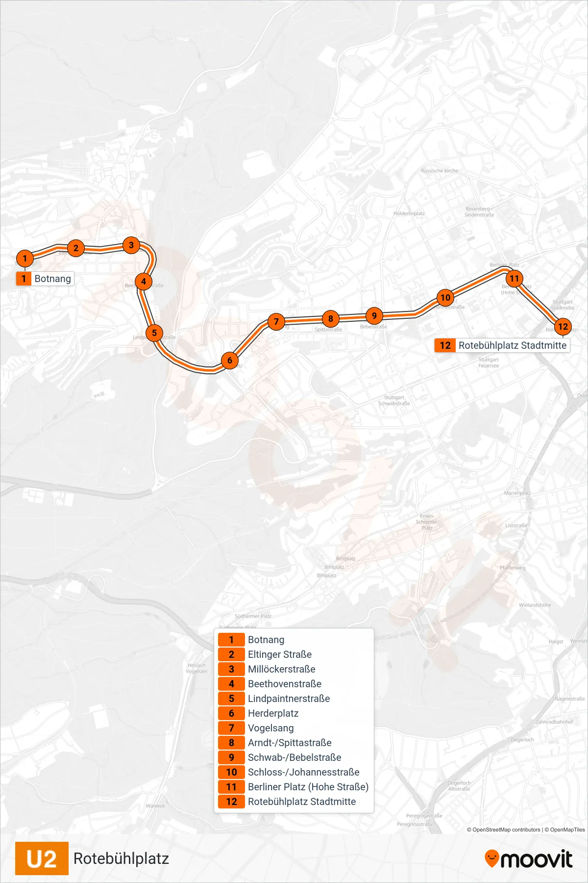 U2 subway Line (Rotebühlplatz) route and stops on a map