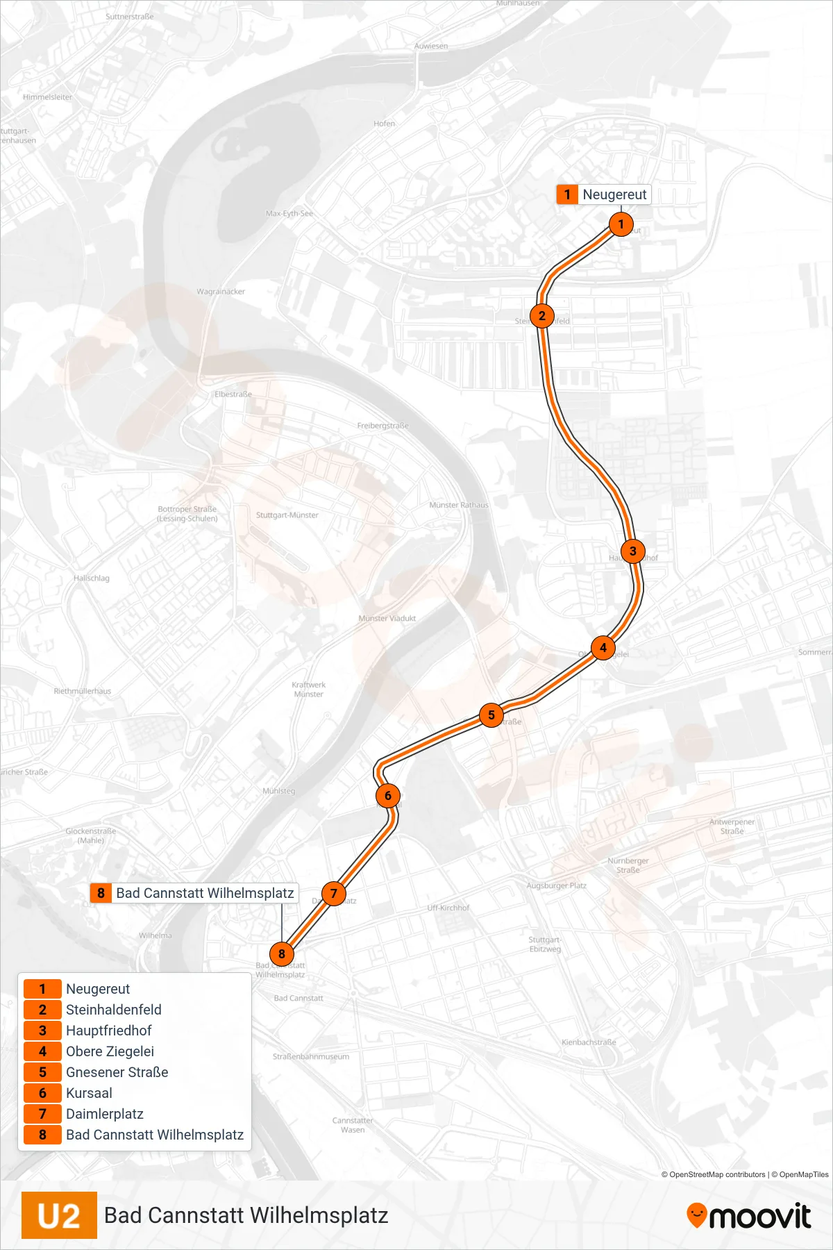 U2 subway Line (Bad Cannstatt Wilhelmsplatz) route and stops on a map