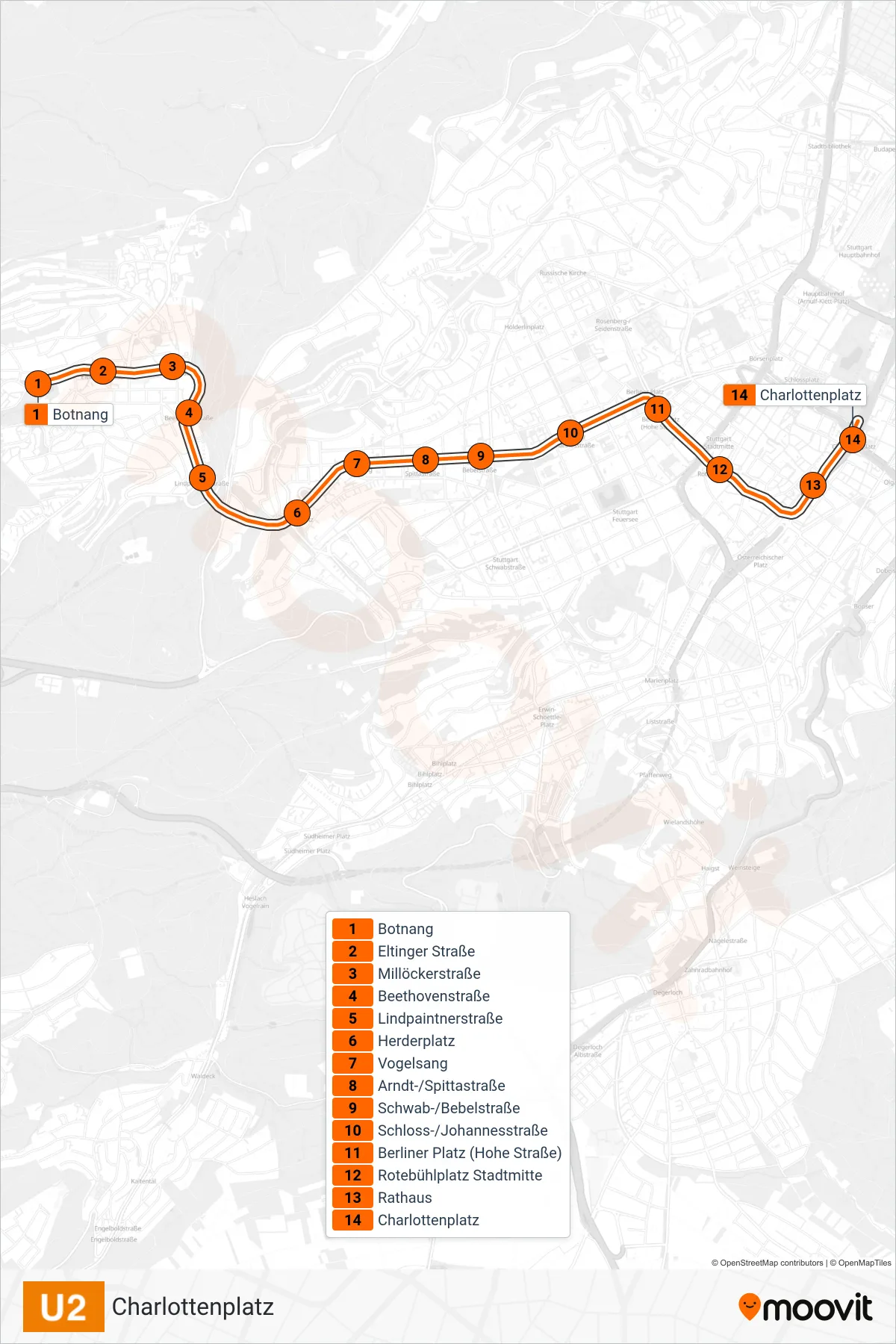 Linie U2 (U-Bahn) Richtung Charlottenplatz: Route und Haltestellen auf der Karte