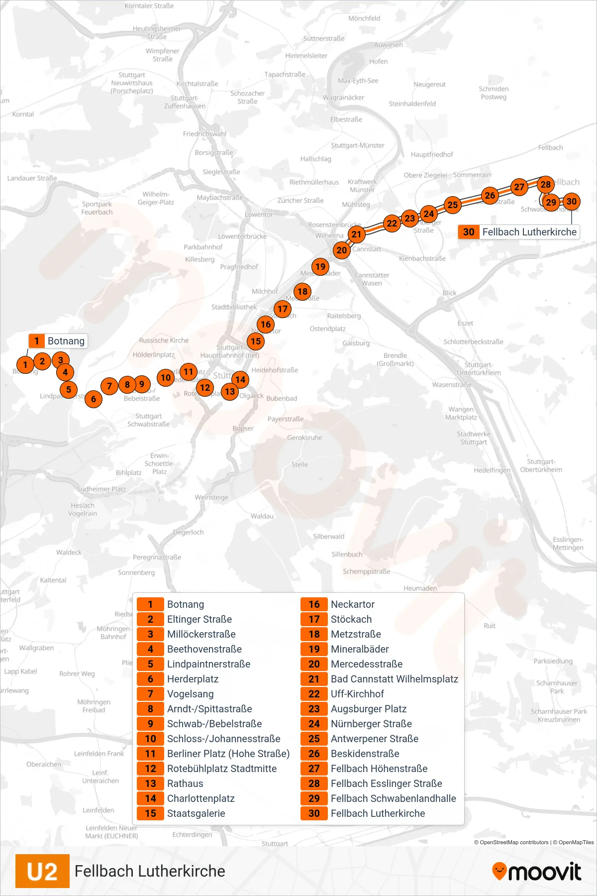 U2 subway Line (Fellbach Lutherkirche) route and stops on a map