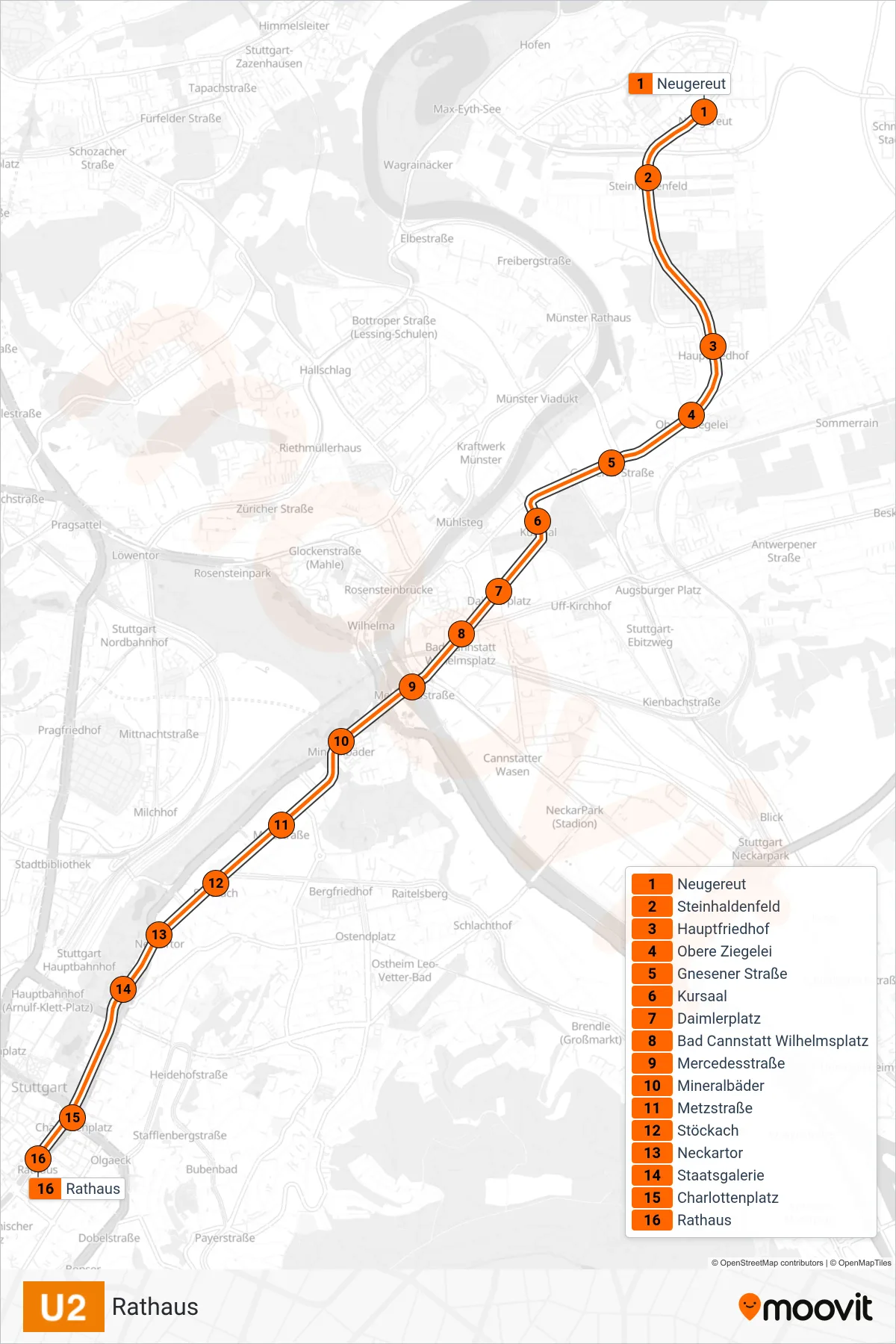 U2 subway Line (Rathaus) route and stops on a map