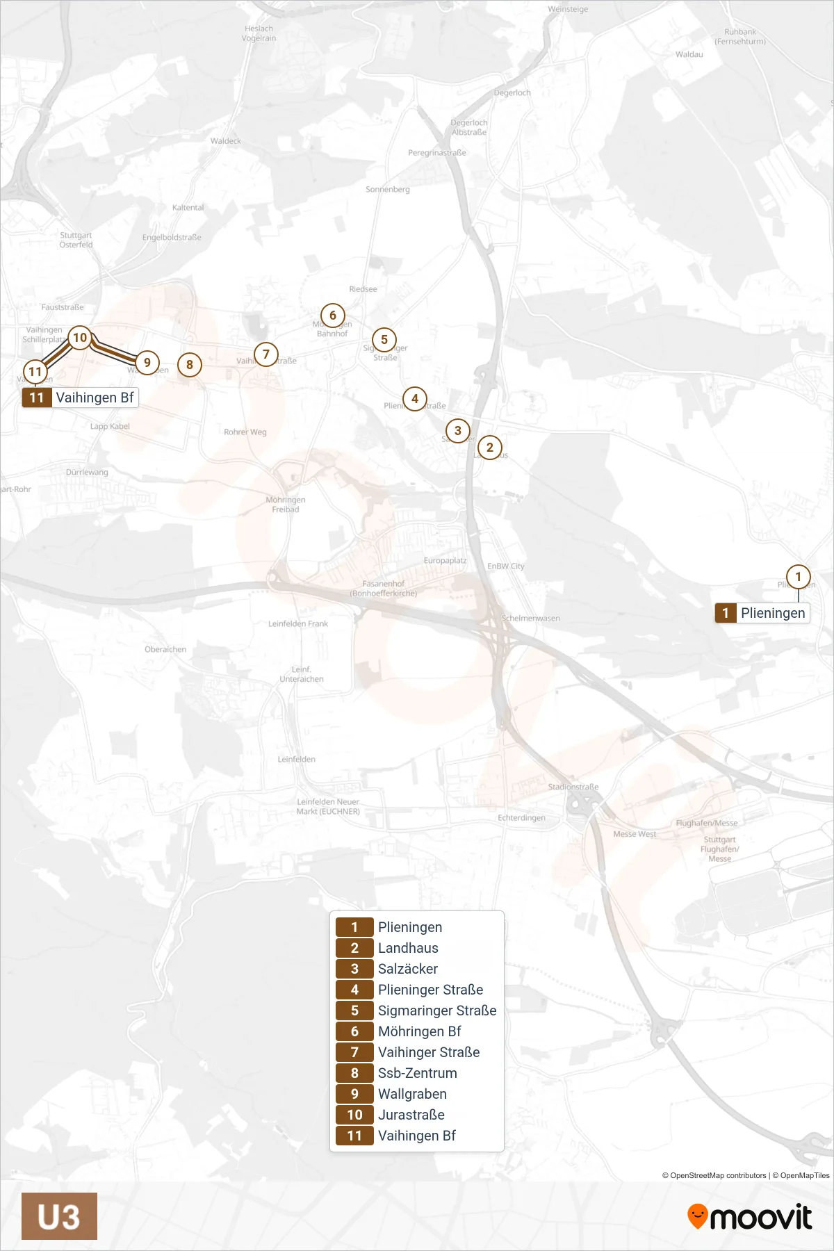 U3 subway Line (Vaihingen) route and stops on a map