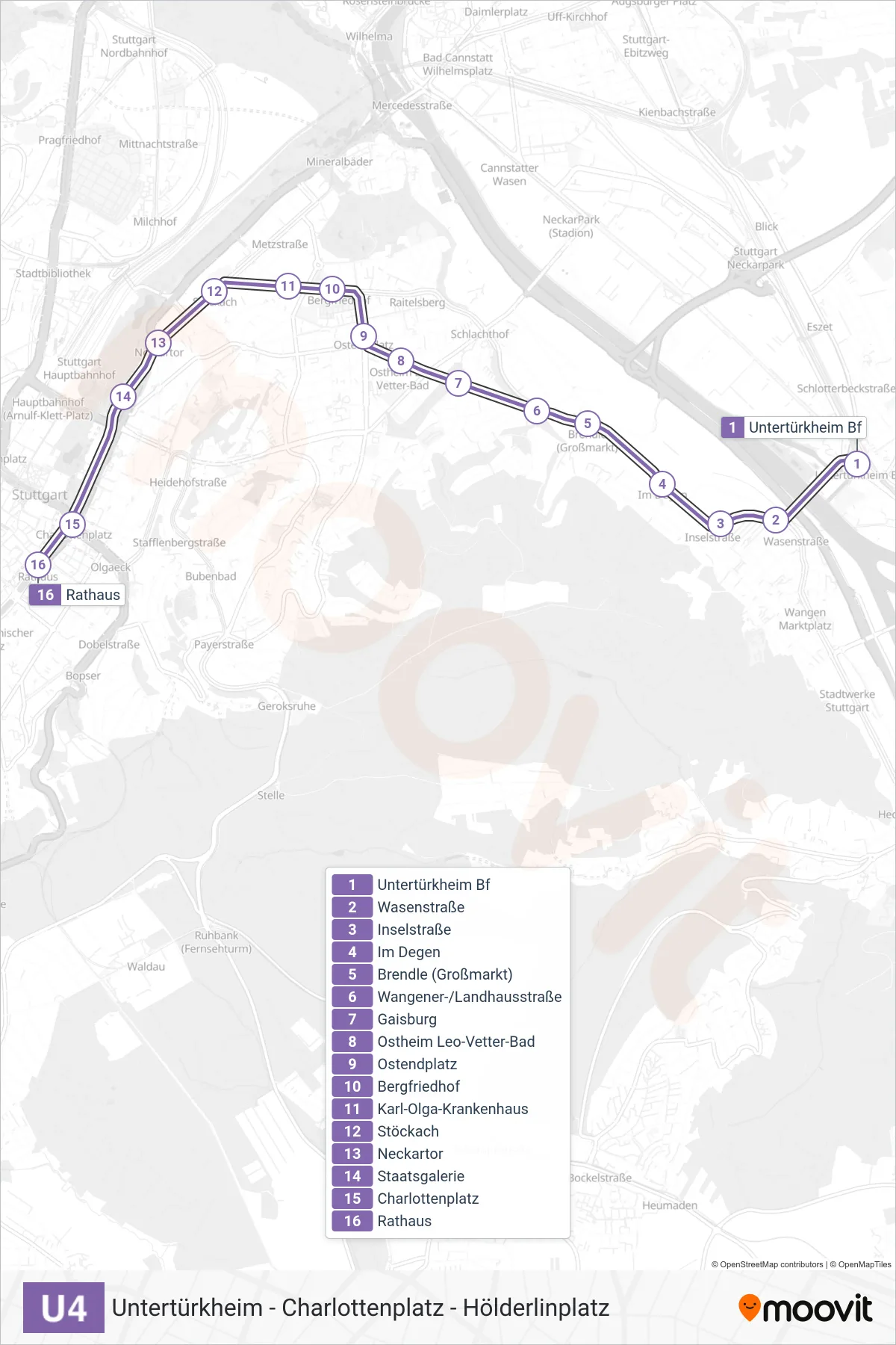 U4 subway Line (Rathaus) route and stops on a map